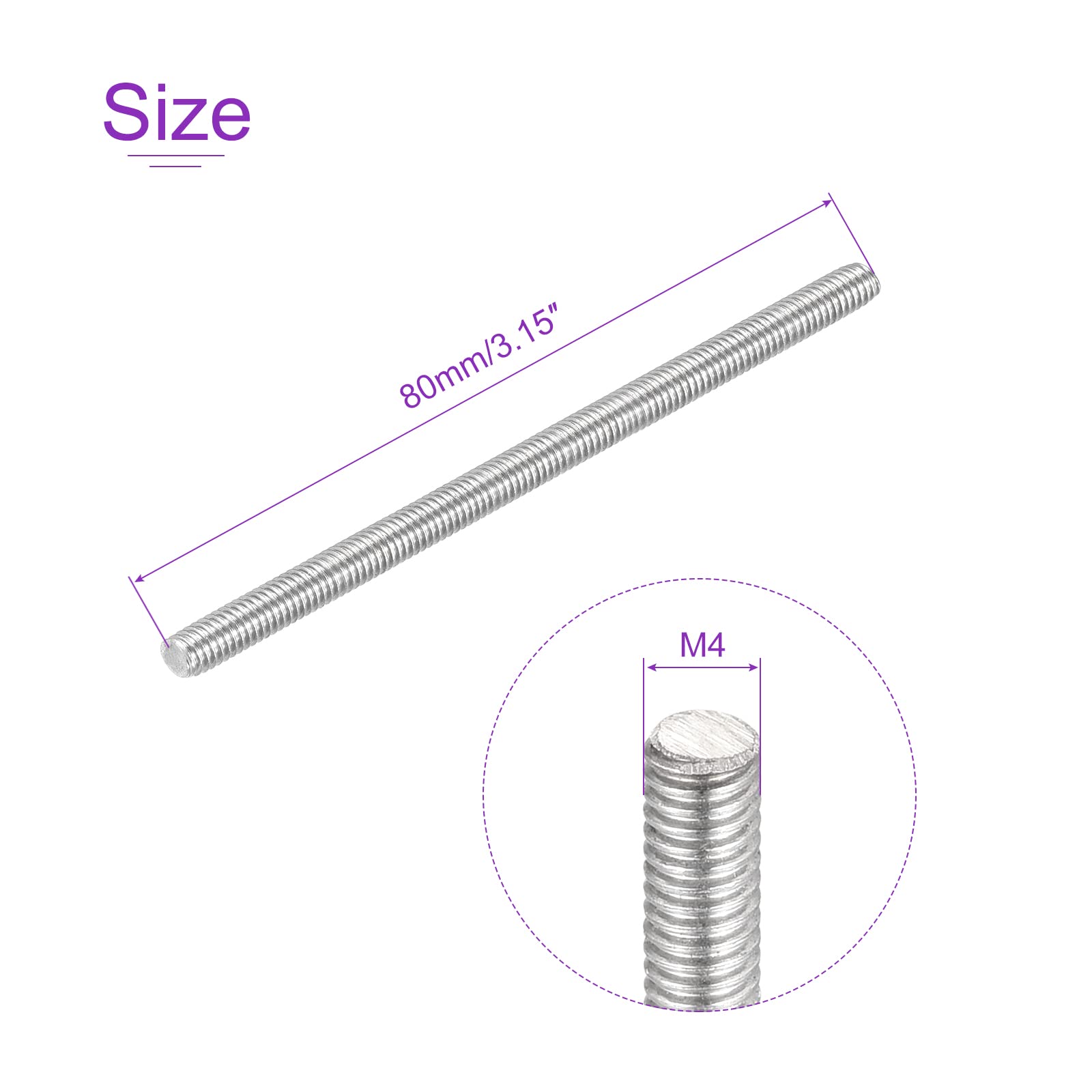20 Pack M4 x 80mm 304 Stainless Steel Threaded Rods - for DIY & Construction