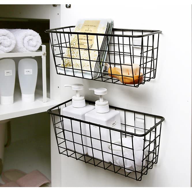 Hanging Kitchen Baskets - Adhesive Sturdy Wire Storage Baskets for Food Pantry, Bathroom, and Shelf Organization - No Drilling Wall Mounted, Black, 4 Pack - Perfect for Small Spaces and Clutter-Free Living