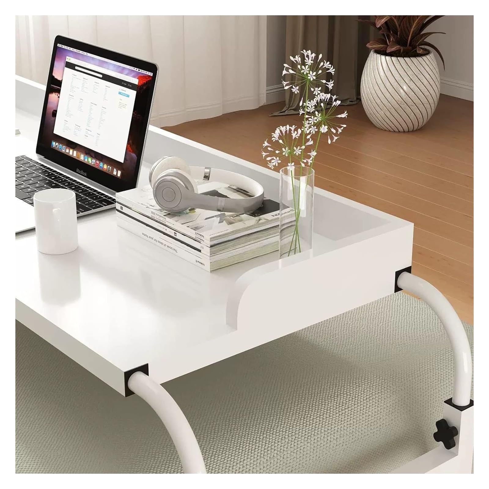 Adjustable Overbed Table with Wheels - Extendable Rolling Bedside Table, Height & Length Adjustable Laptop Desk for Home Office, Hospital & Dorm Use - Mobile Workstation (Black, 55.1