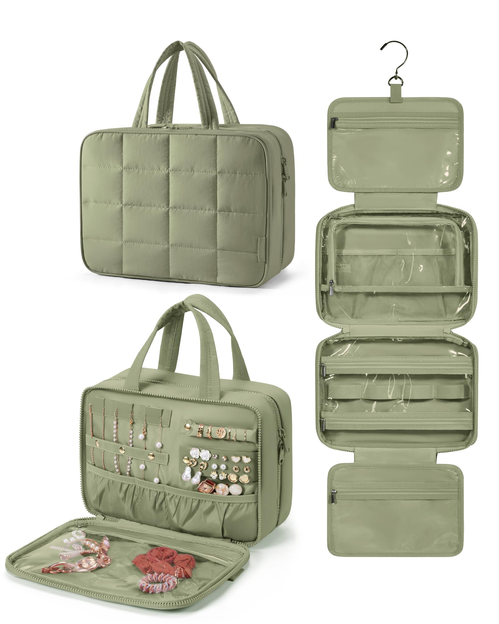 BAGSMART Hanging Travel Toiletry Bag with Jewelry Organizer - Waterproof Puffy Makeup Cosmetic Bag for Women, Men - Perfect Carry-on Essentials for Airplane, Camping & Vacation (Green)