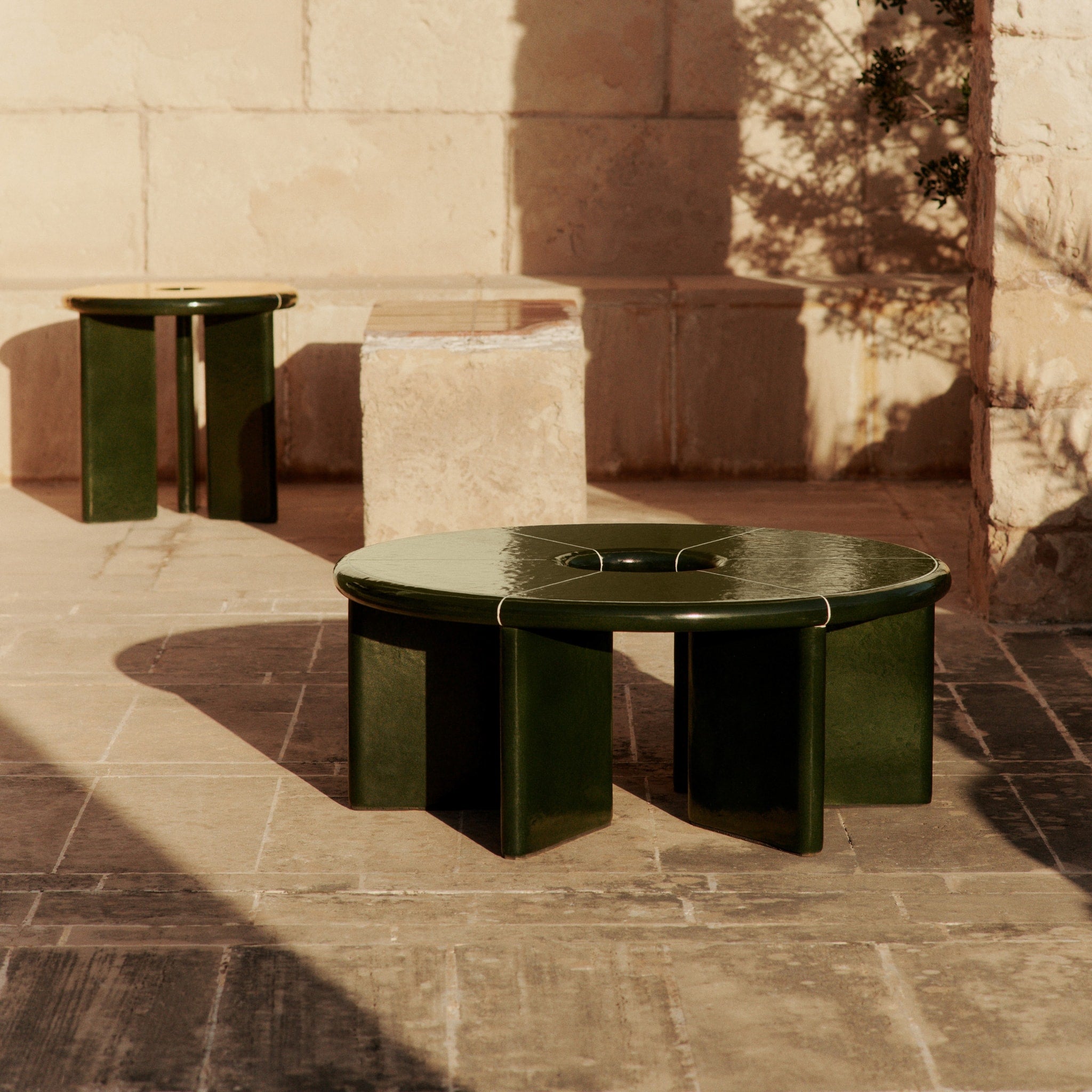 FERM LIVING Deya Coffee Table - 80cm Round Dark Green Modern Living Room Furniture for Small Spaces & Home Decor