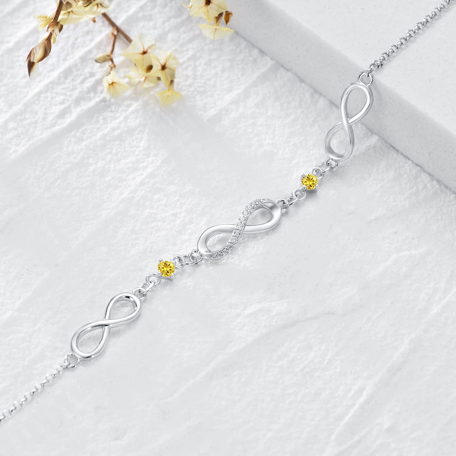 Infinity Bracelet for Women - 925 Sterling Silver Adjustable Birthstone Charm Link Bracelet - Christmas, Birthday Gift for Wife, Mom, Her - Perfect for Holidays, Anniversaries & Special Occasions