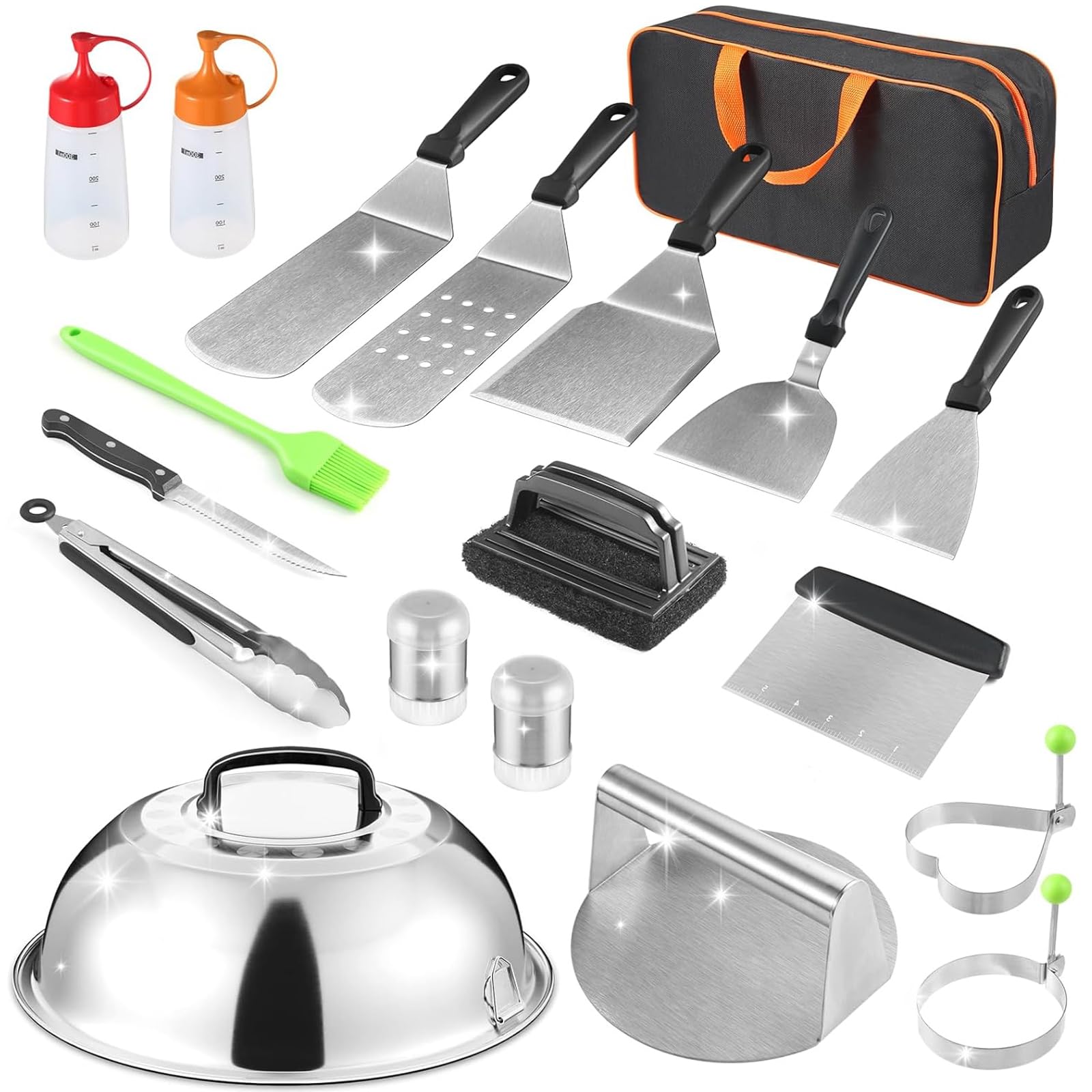 19-Piece Griddle Accessories Kit for Blackstone & Camp Chef - Metal Spatula Set, Burger Press, Basting Cover, Melting Dome, Tongs & Carry Bag - Perfect for Outdoor Grilling, BBQ & Camping Cooking