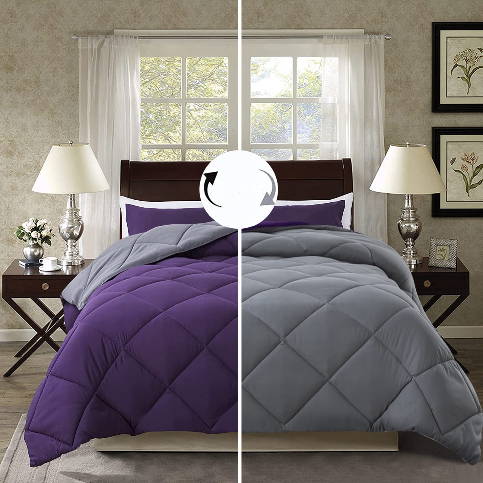 ELNIDO QUEEN® 2-Piece Twin/Twin XL Comforter Set - Reversible Purple & Grey Down Alternative Duvet Insert with Pillow Sham | Soft Lightweight Bedding for All Seasons | Perfect for Kids Rooms, Guest Beds & Dorm Decor (64x88 Inches)