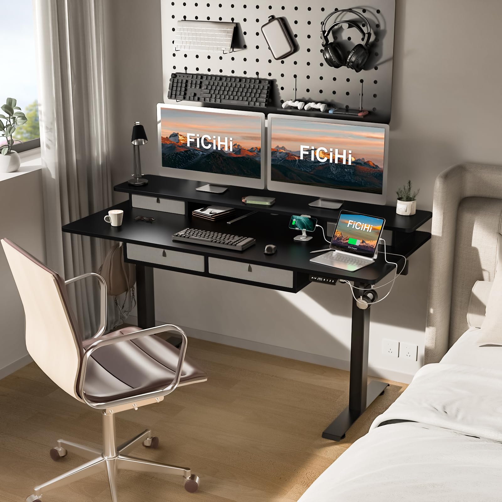 Adjustable Height Electric Standing Desk with 4 Drawers & Wheels - 63 x 30 Inches Sit Stand Desk for Home Office, 3 Memory Presets, Monitor Stand Riser & USB A/C Charging Port - Perfect for Remote Work, Gaming & Ergonomic Workspace Setup