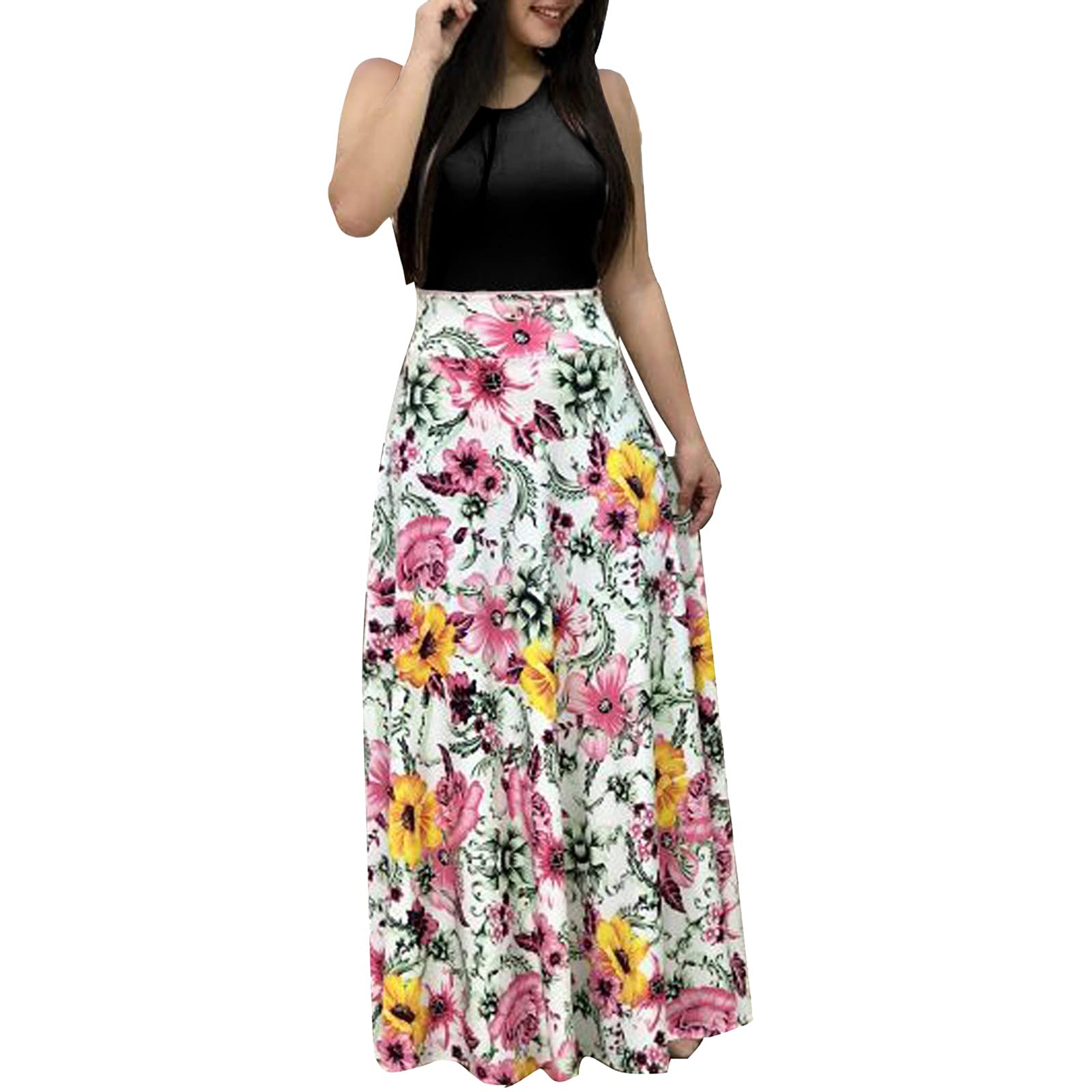 JUNGE Women's Summer Maxi Dress 2021 - Short Sleeve Swing Dress for Independence Day, Evening Parties & Casual Wear | Flowy Beach Dress for Vacation, Date Night & Outdoor Events