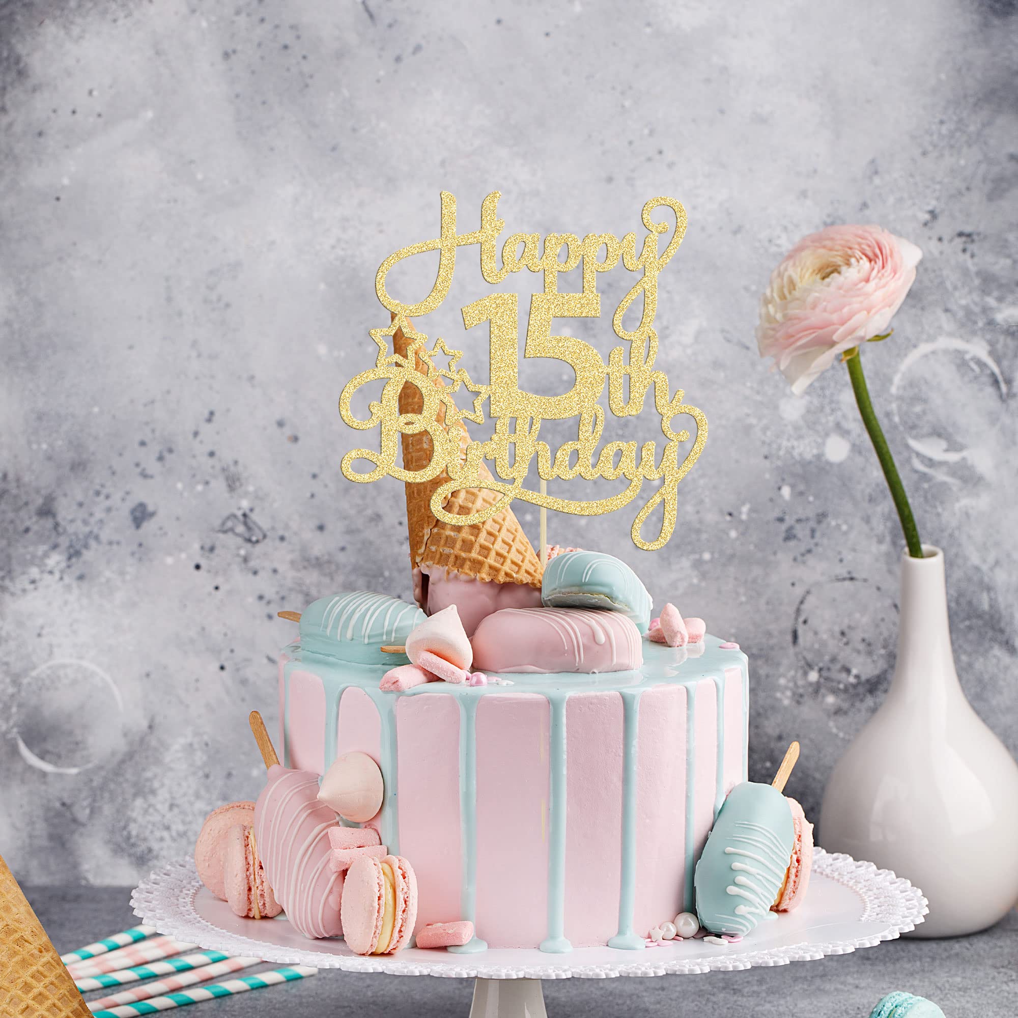 1 Pack Gold Glitter Happy 15th Birthday Cake Topper - 'Mis Quince' & '15 Cheers to 15 Years' Cake Decorations for Sweet 15 Party, Anniversary Celebration, Quinceañera Decor