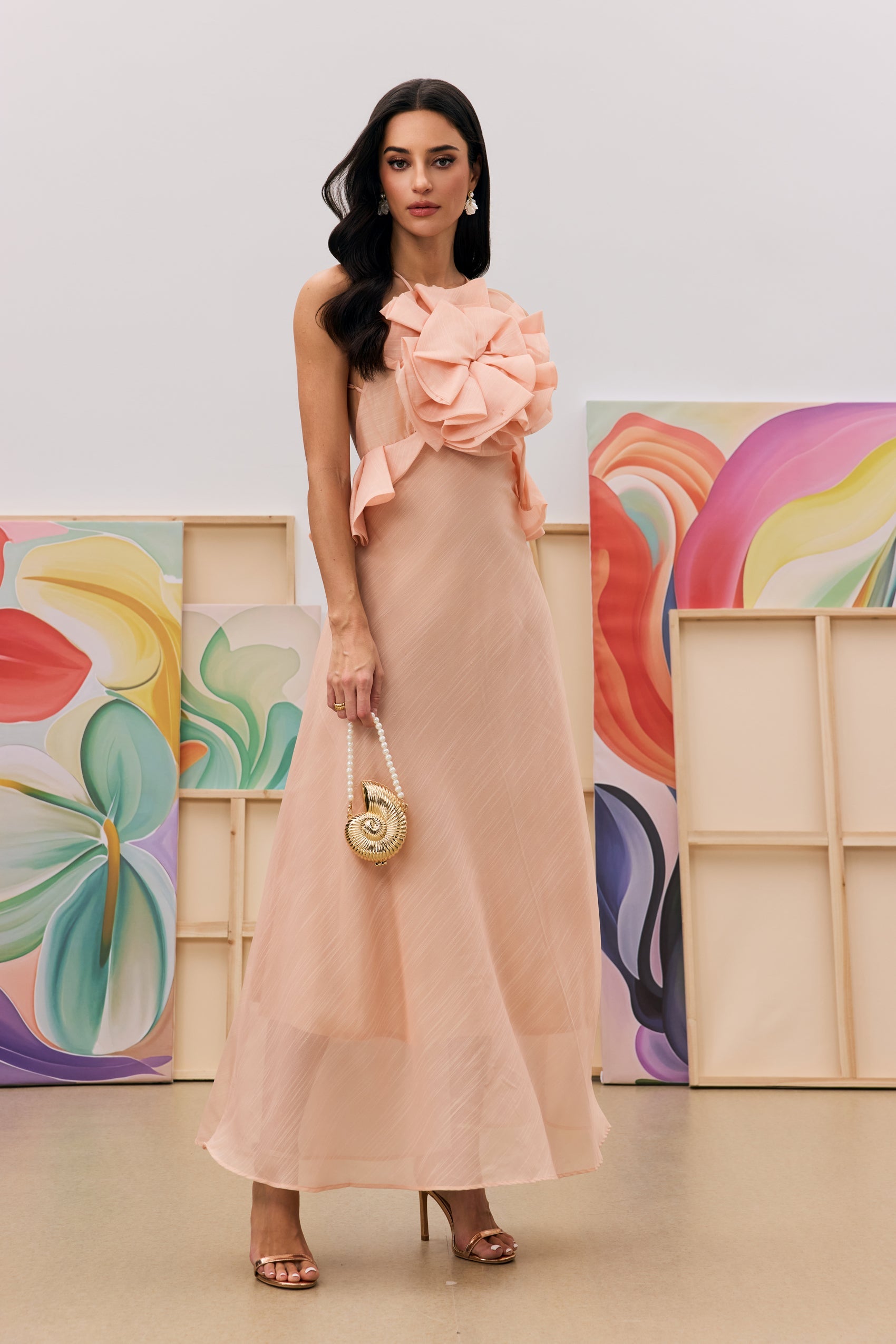 Aurora Halter Neck Ruffle Maxi Dress in Pink - Elegant Summer Beach Wedding Party Dress for Women