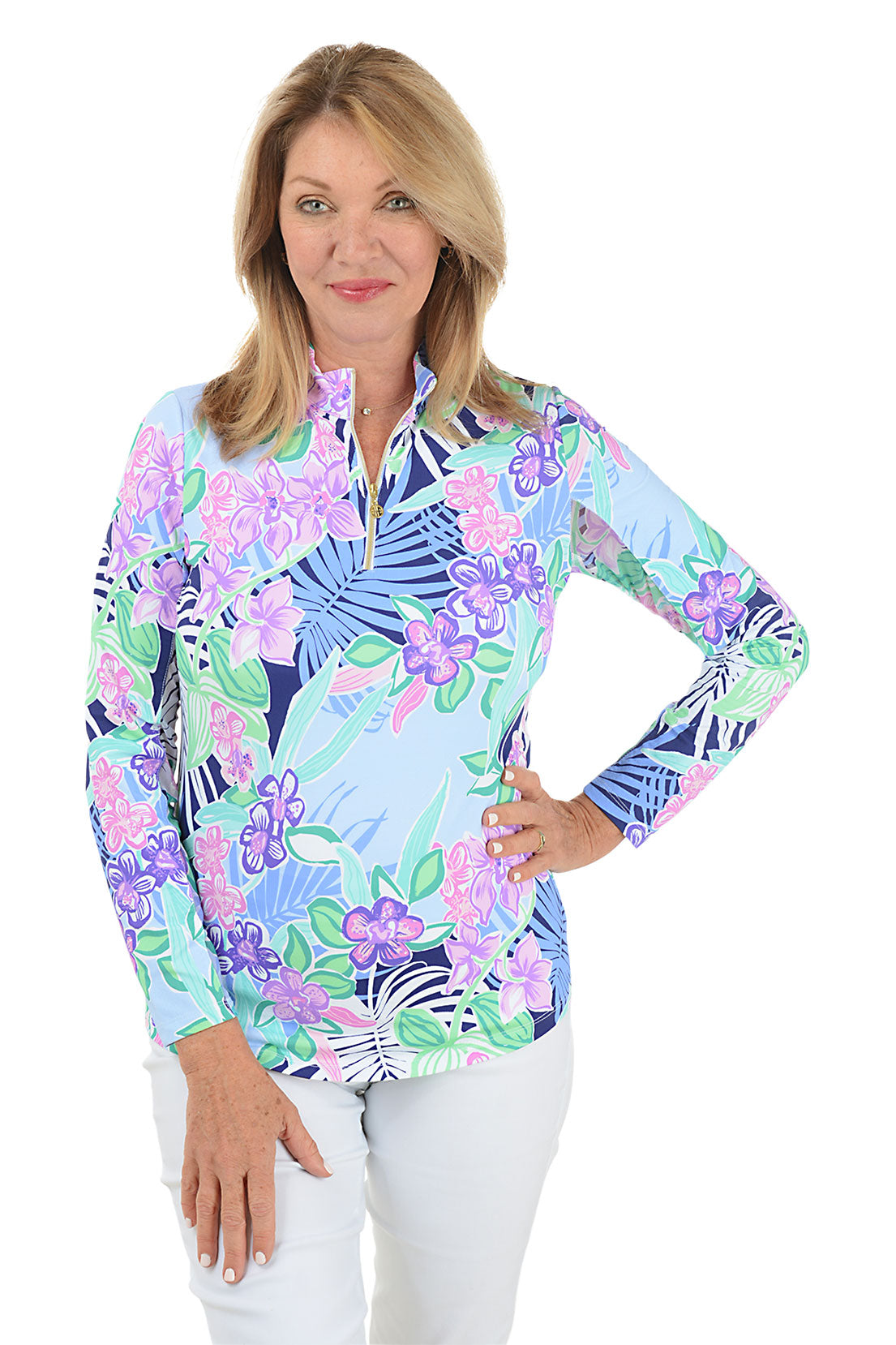 Navy Island Floral UPF50+ Sun Protection Shirt for Women - Lightweight Long Sleeve Beach Cover Up, Hiking & Outdoor Activities