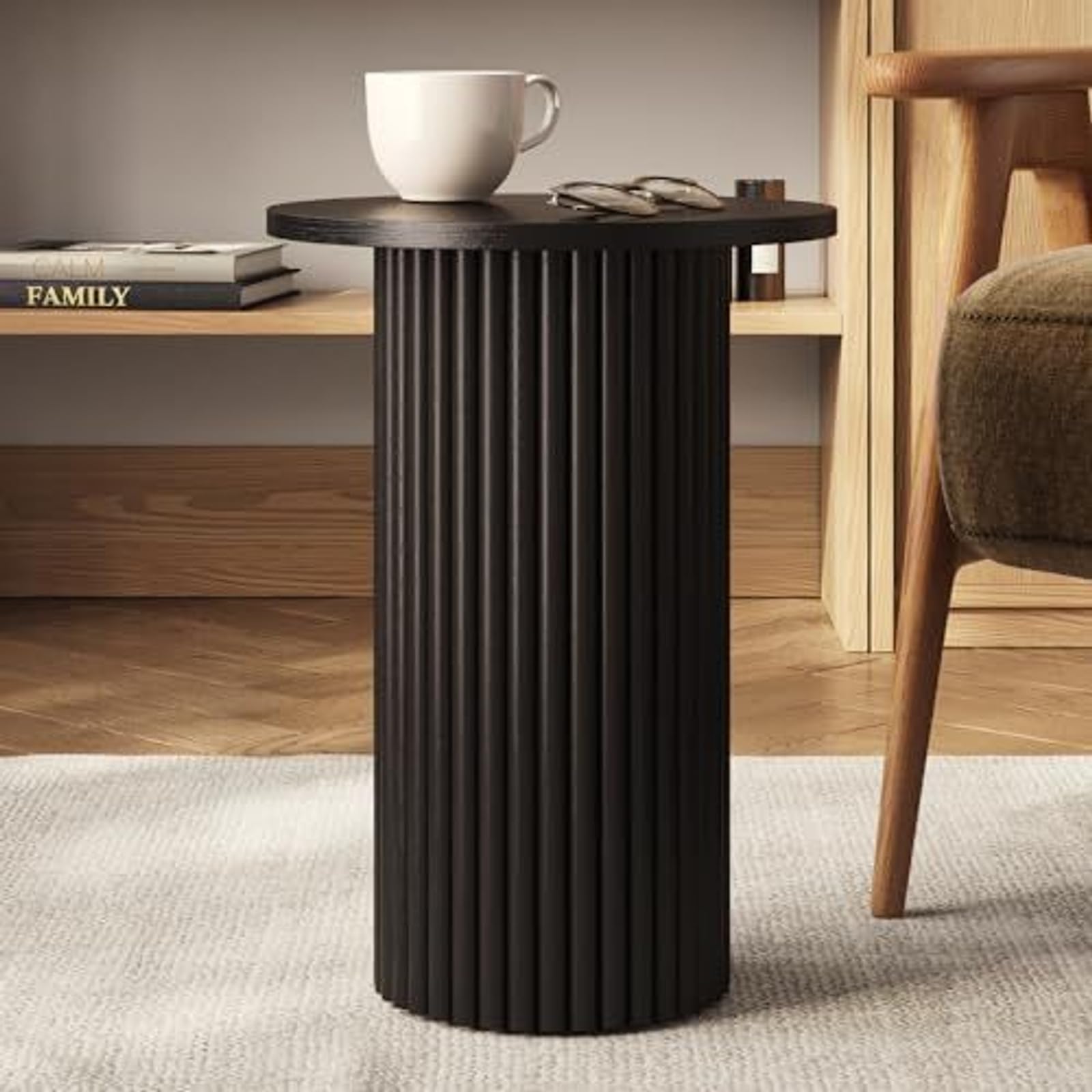 Small Round Fluted Accent Side Table - Black Wooden End Table with Solid Oak Base for Modern Bedroom & Living Room - Nightstand, Sofa Side Table, Coffee Table Companion (Blackened Oak Finish)