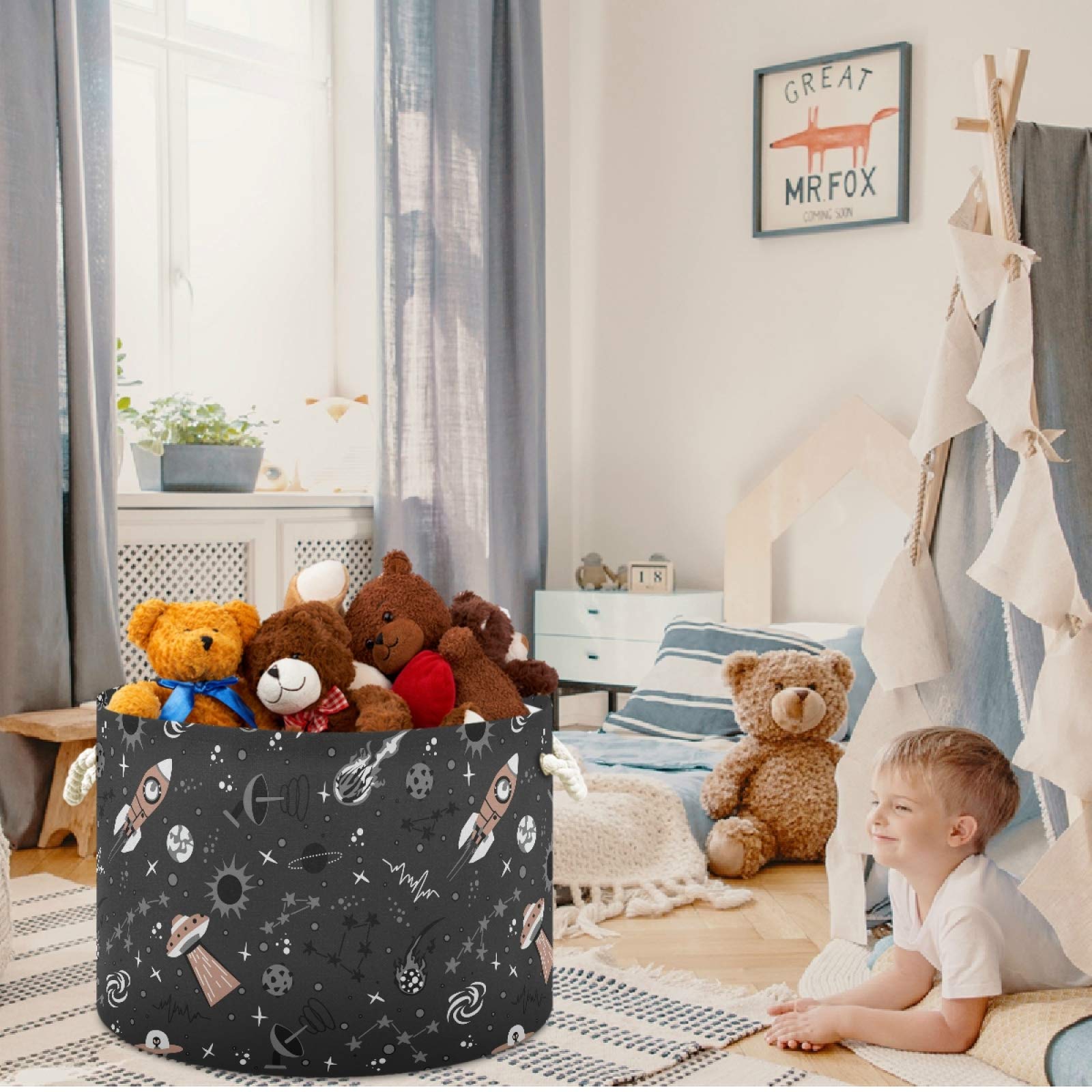 Visesunny Collapsible Large Capacity Storage Basket - Foldable Spaceship Star Design for Clothes, Toys & Laundry | Durable Cotton Handles | Perfect for Bathroom, Bedroom, Nursery & Closet Organization | Space-Saving Home Storage Solution for Kids' Rooms & Play Areas