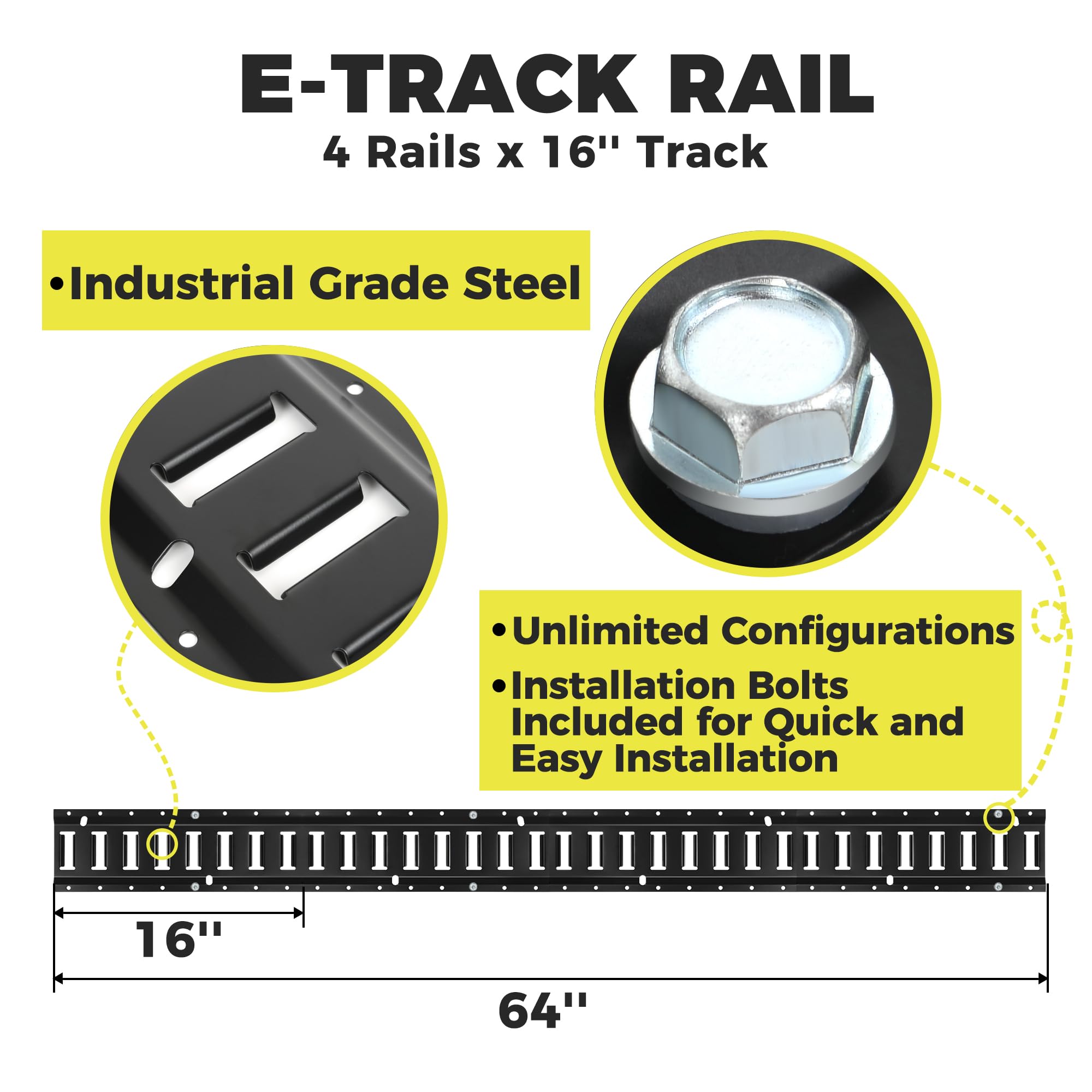 E Track Rail Tie-Down Kit - 4 Rails (16’’ Tracks) with E Track Accessories for Cargo Control - Heavy Duty Trailer Tie Downs & Anchors System - Perfect for Enclosed Trailers, Service Trucks & Vehicle Cargo Securing