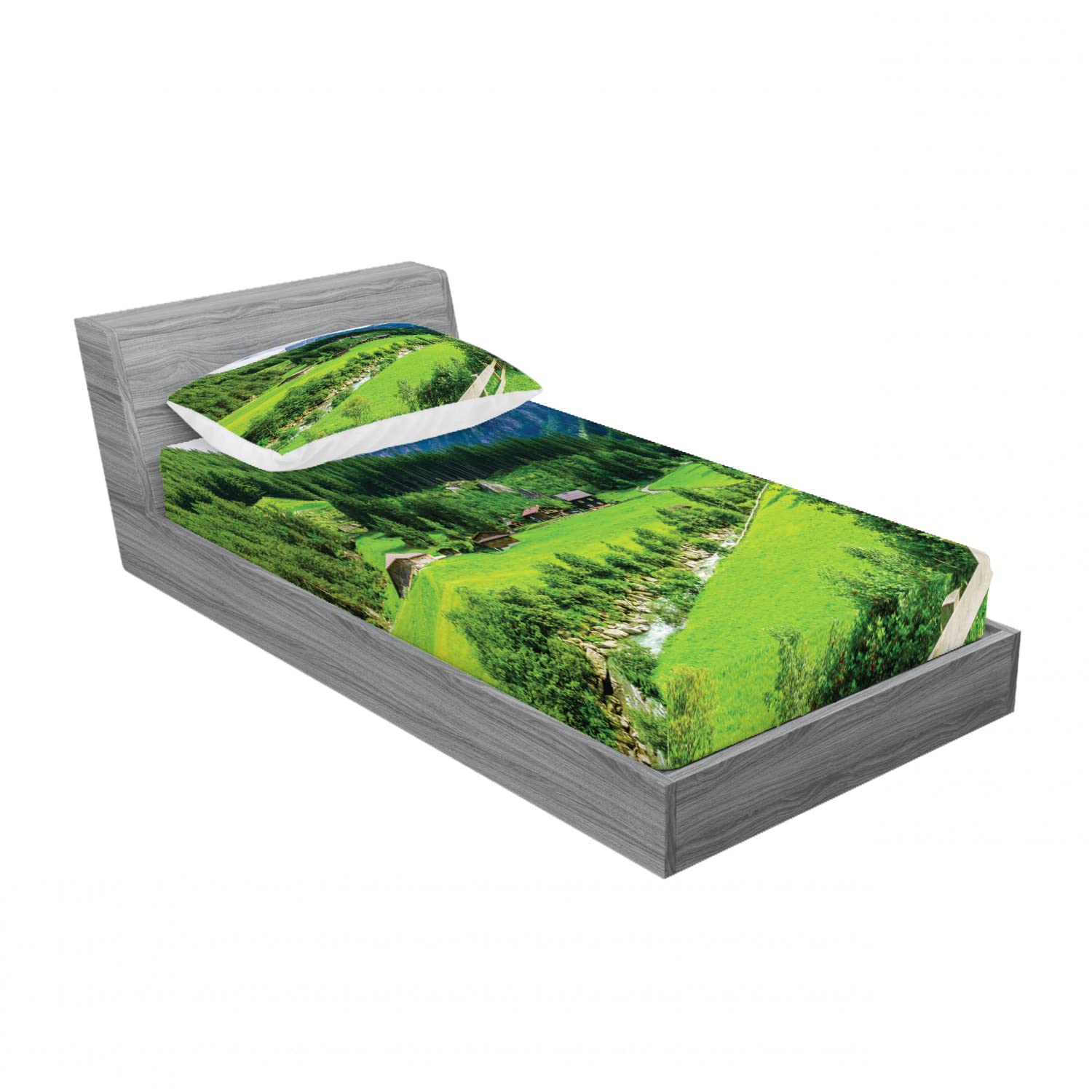 Ambesonne 2-Pack Twin Fitted Sheets & Pillow Sham Set - Alpine Scenery Pastoral Design, Green & White 4-Piece Bedding Set for Cozy Cabin Retreats & Nature-Inspired Bedroom Decor