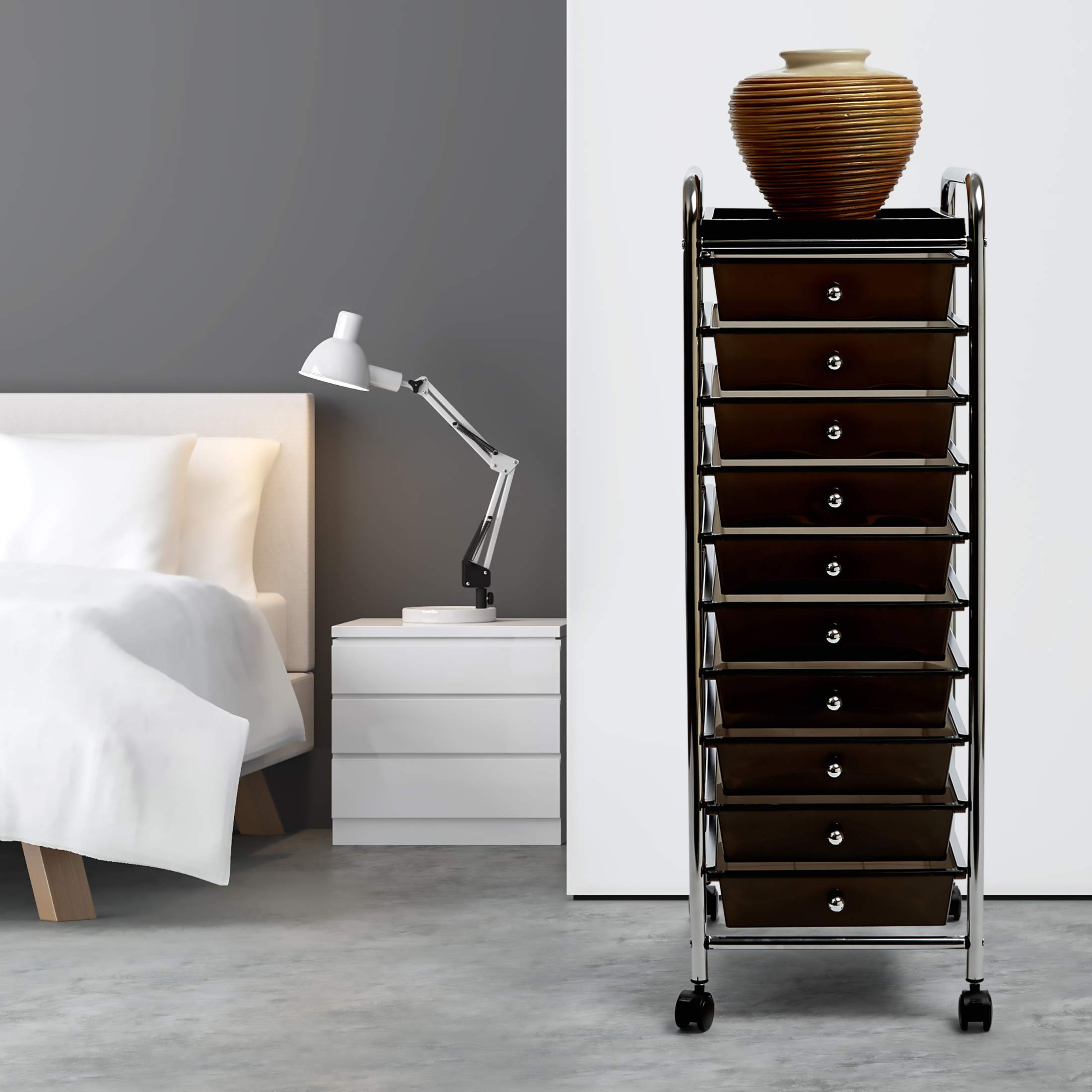 Seville Classics 10-Drawer Mobile Rolling Storage Cart with Utility Tray - Multipurpose Organizer for Home, Office & Garage - Black | Perfect for Craft Supplies, Tools & Closet Organization