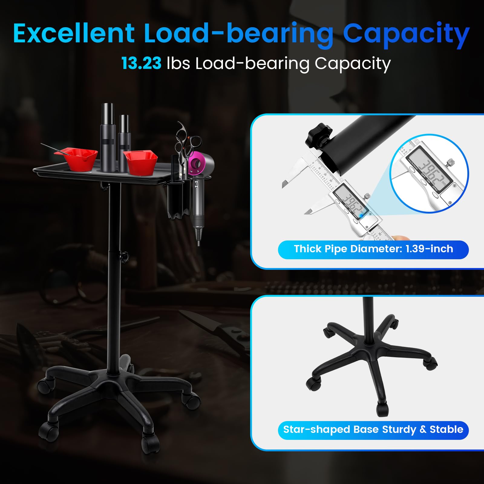 Premium Aluminum Salon Tray on Wheels - Adjustable Rolling Tattoo Trolley for Salon & Spa | Mobile Equipment Storage Tray | Perfect for Tattoo Artists, Nail Technicians & Beauty Professionals