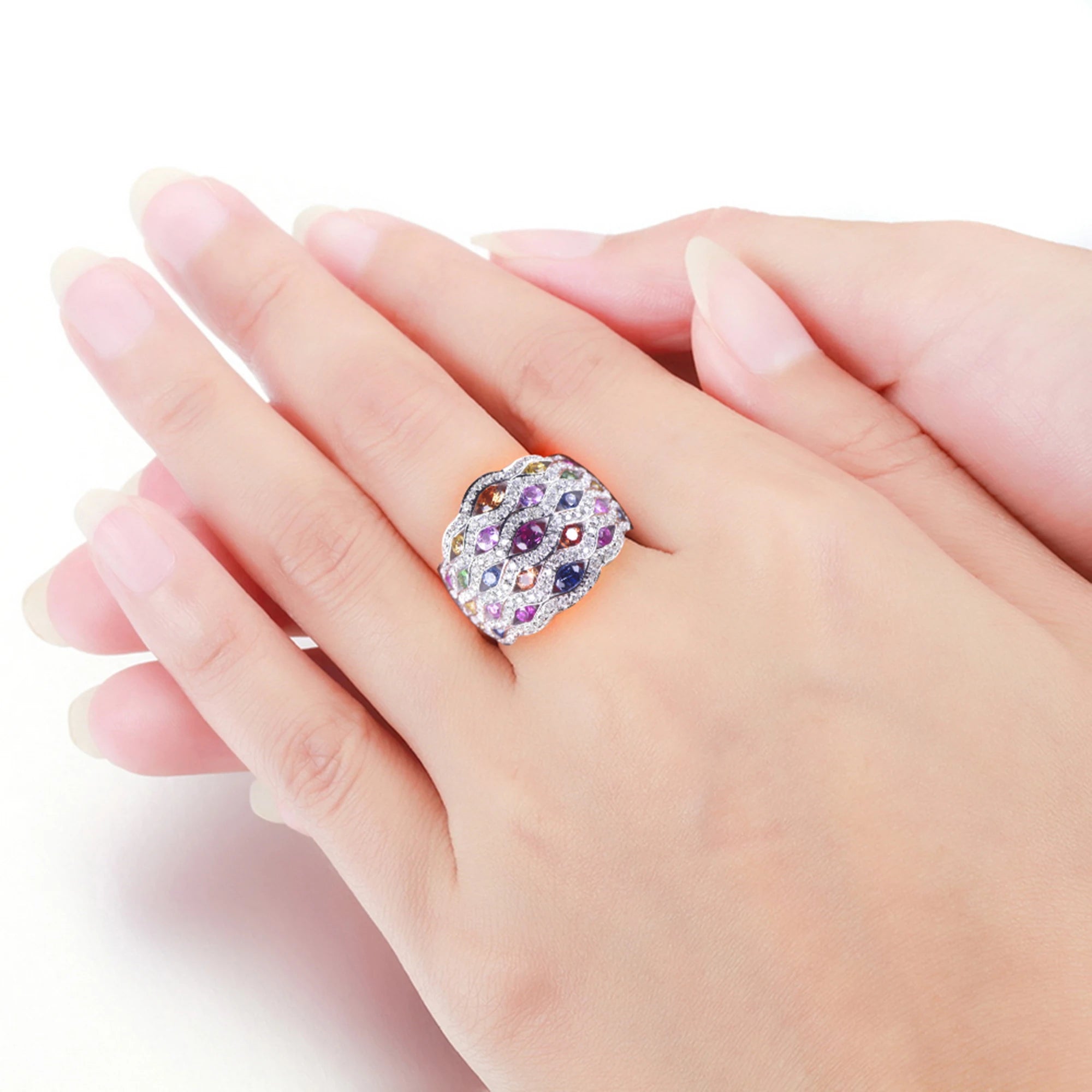 14K White Gold 7.33g Multicolor Sapphire & Diamond Engagement Ring for Women - Perfect for Proposals, Weddings & Anniversary Gifts