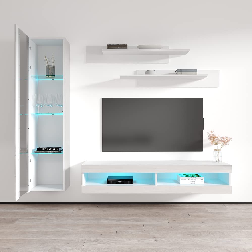 Modern Floating TV Stand with Storage & LED Lights - Wall-Mounted Entertainment Center for Bedroom & Living Room - White Meble Furniture Fly G2 34