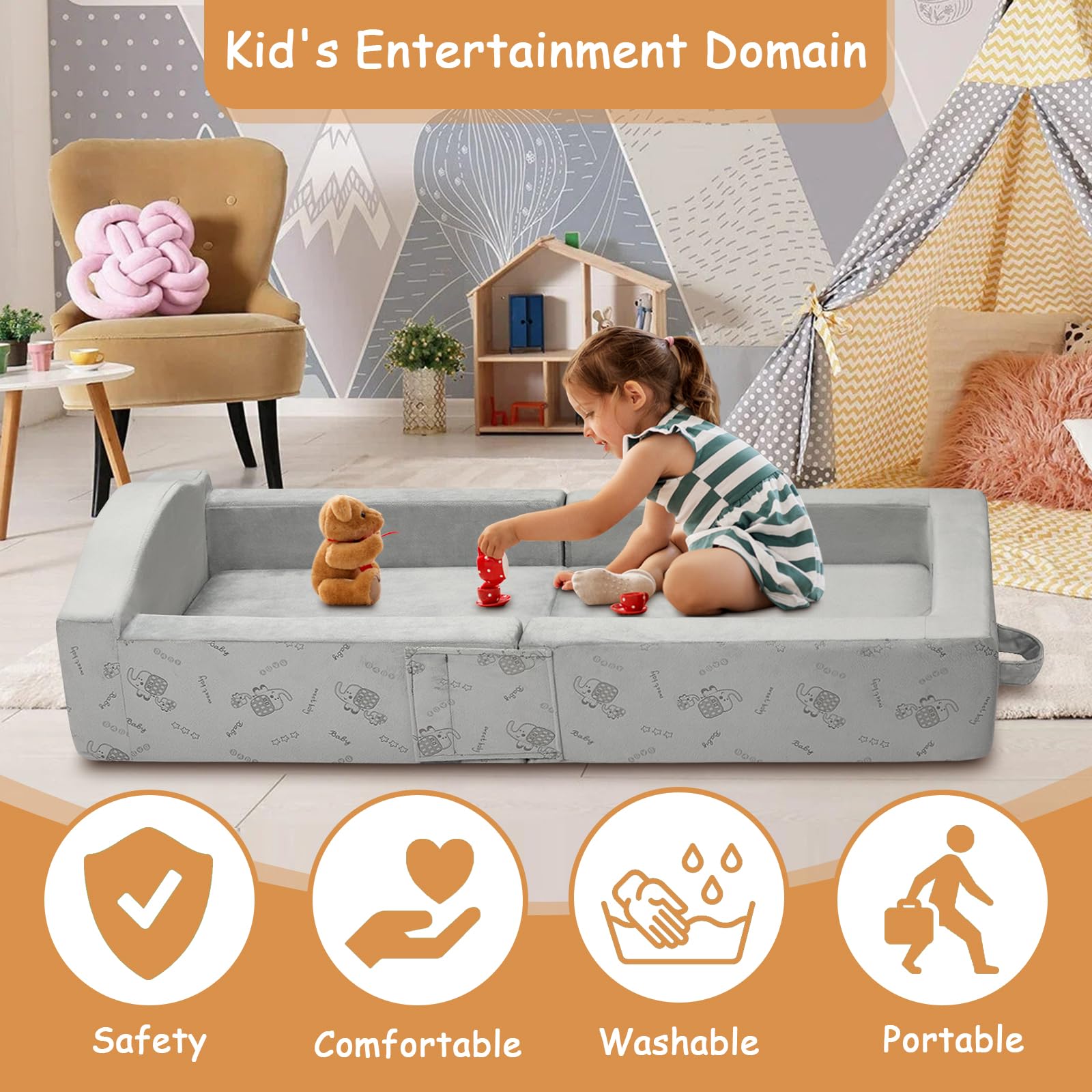 2 in 1 Foldable Toddler Travel Bed with Mattress - Portable Floor Bed for Kids (45