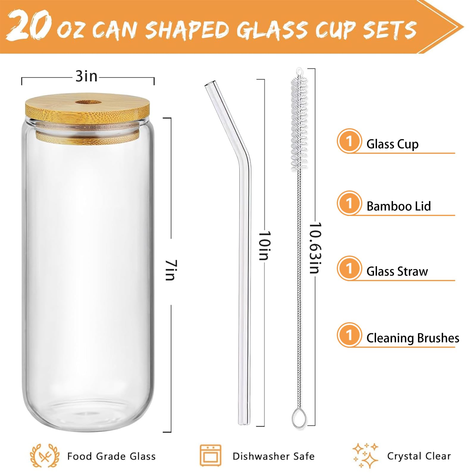 20oz Glass Tumbler with Lid & Straw - Reusable Drinking Cup for Coffee, Smoothies, Beer, Cocktails & Soda - Includes Cleaning Brush - Perfect for Home, Office, Parties & Outdoor Activities