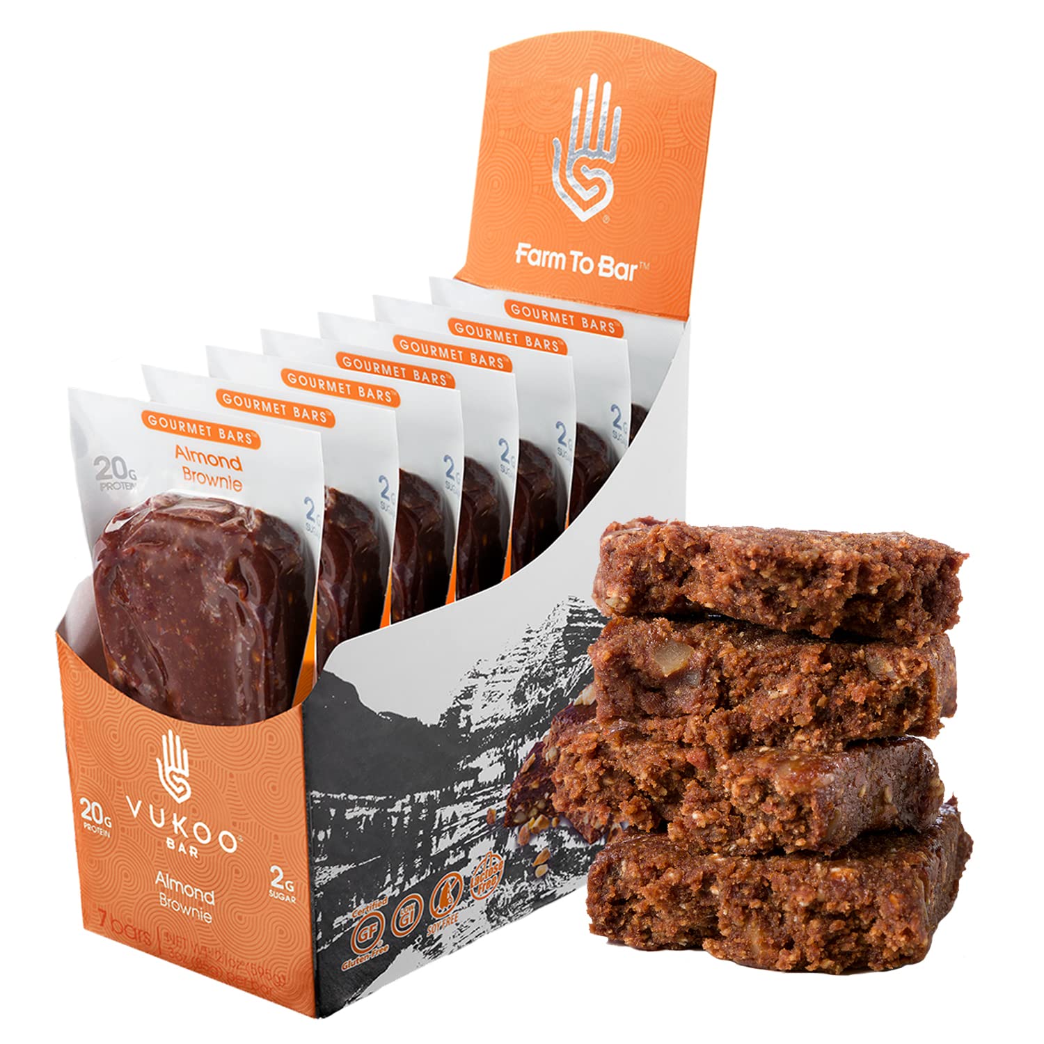 Vukoo Refrigerated Protein Bars - Almond Brownie Flavor - 28 Pack - 20g Protein - Healthy Organic Oats - High Protein Low Sugar Snacks - Gluten Free & High Fiber - Perfect for Gym, Hiking & Post-Workout Recovery