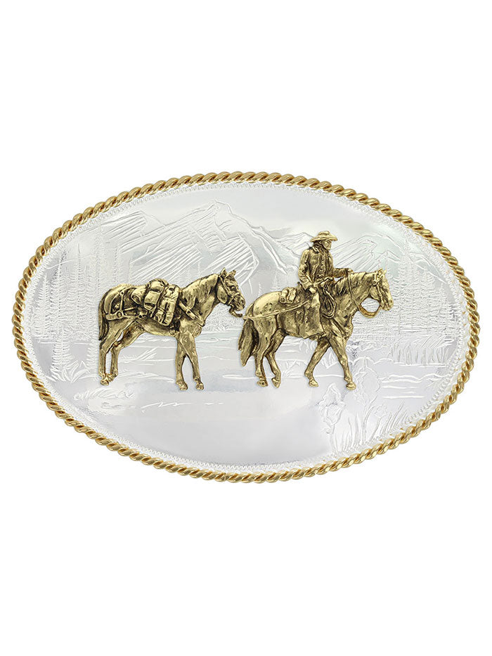 Montana Silversmiths 6250 35 Etched Mountains Western Belt Buckle - Pack Horse and Rider Silver Plated Buckle for Cowboy Boots, Jeans & Western Fashion Accessories