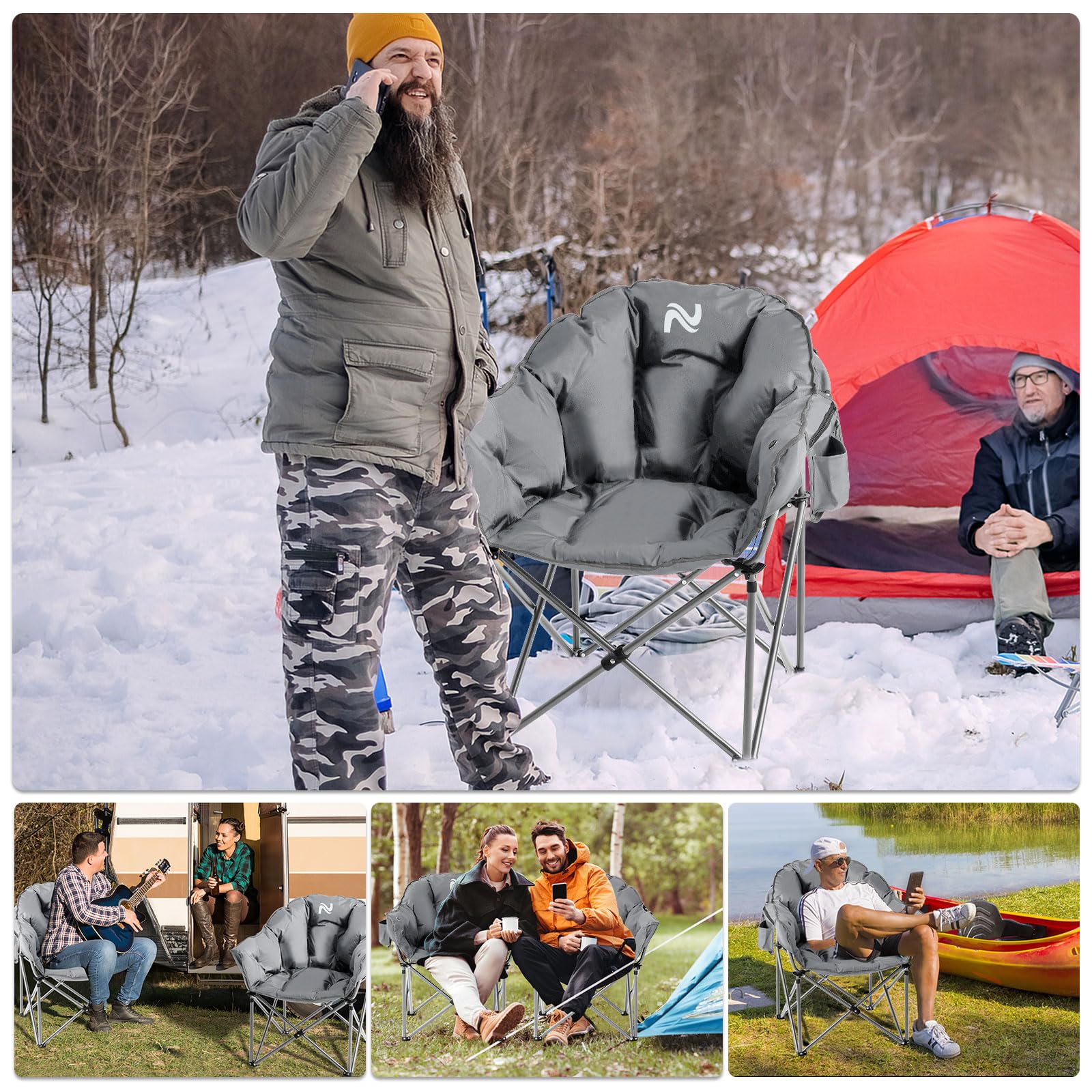 NAIZEA Oversized Heated Camping Chair - Portable Folding Lounge Chair with 3 Adjustable Heat Levels for Outdoor, Patio, Lawn, Sports & Moon Saucer Relaxation - Perfect for Camping, Backyard, Beach & Picnic Use