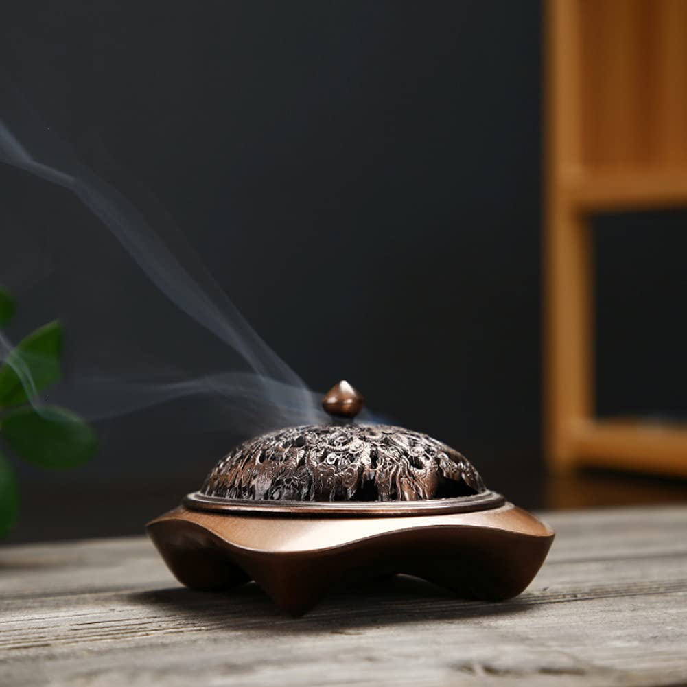 Antique Bronze Zinc Alloy Incense Burner Bowl - Square Cone Stick Coil Holder with Ash Catcher Tray - Buddhist Temple Home Decor for Meditation, Yoga & Aromatherapy (Red Copper)