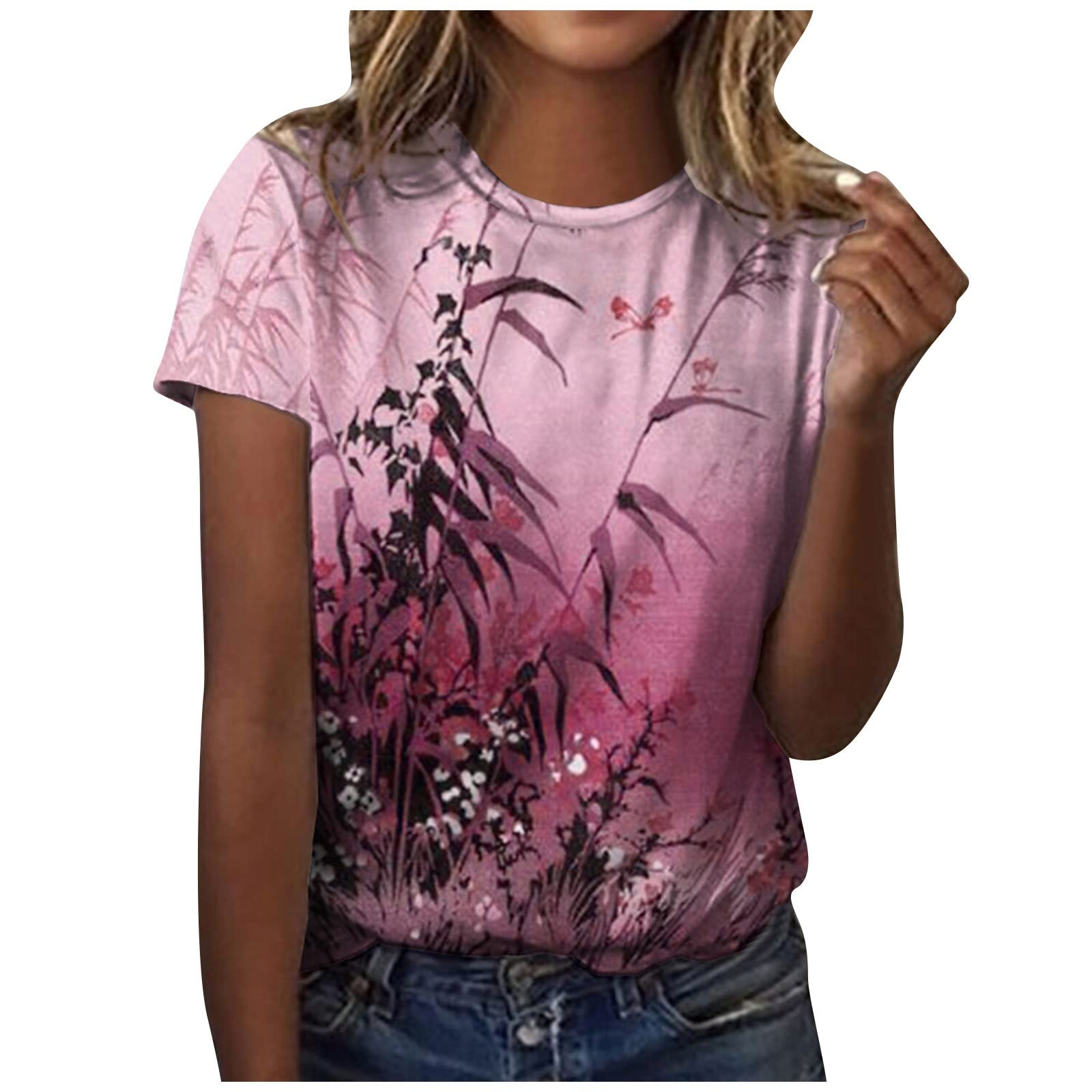 Women's Fashion Round Neck Short Sleeve Printed T-Shirt Blouse - Casual & Dressy Top for Work, Date Night & Everyday Wear