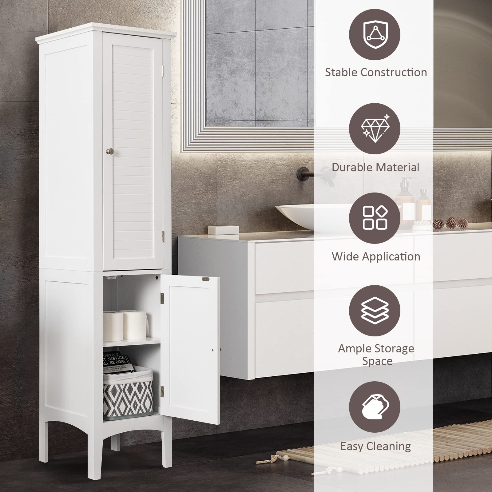 Giantex 5-Tier Storage Cabinet - Freestanding Tall Bathroom & Kitchen Organizer with Shelves, Slim Floor Cabinet for Living Room, Bedroom, Linen & Towel Storage (White) - Perfect for Small Spaces & Home Organization