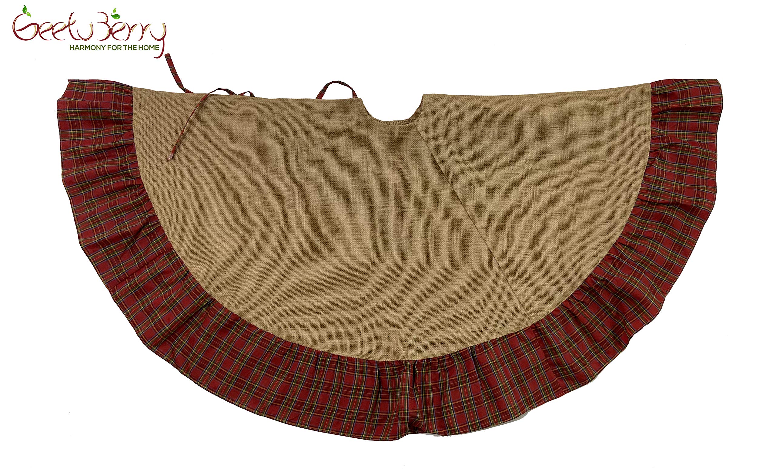 48 Inch Rustic Burlap Christmas Tree Skirt with Red & Green Tartan Border - Farmhouse Holiday Decor for Christmas, Easter & Seasonal Home Decoration - Perfect for Fireplace Mantel, Living Room & Cozy Winter Gatherings