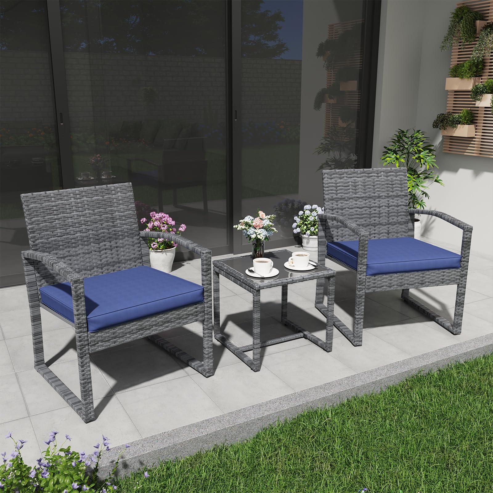 **Patiorama 3-Piece Outdoor Patio Furniture Set - Modern Wicker Rattan Bistro Set with Coffee Table for Garden, Balcony, Backyard & Poolside (Navy Blue) - Perfect for Relaxing, Entertaining & Outdoor Dining**