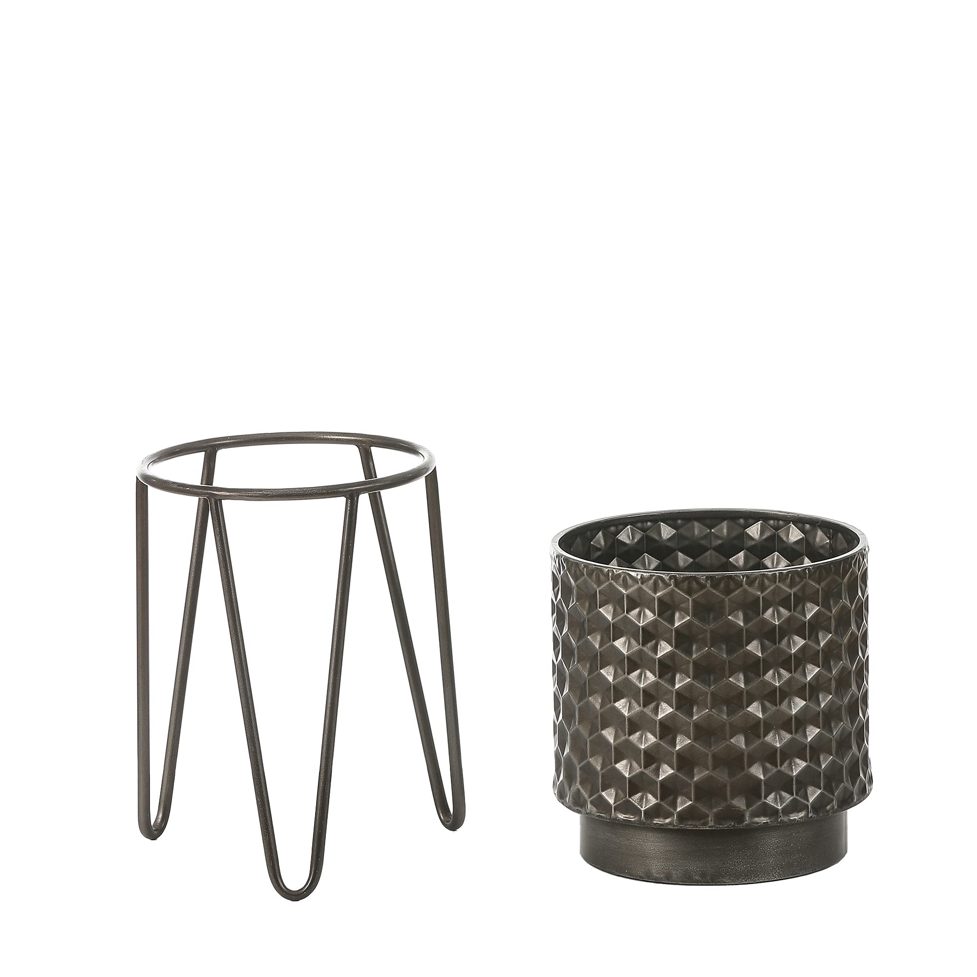 LuxenHome Set of 2 Brown Honeycomb Cachepot Metal Planters with Stands - Indoor Flower Pots for Home Decor, Office, Living Room, Bedroom & Patio Plants