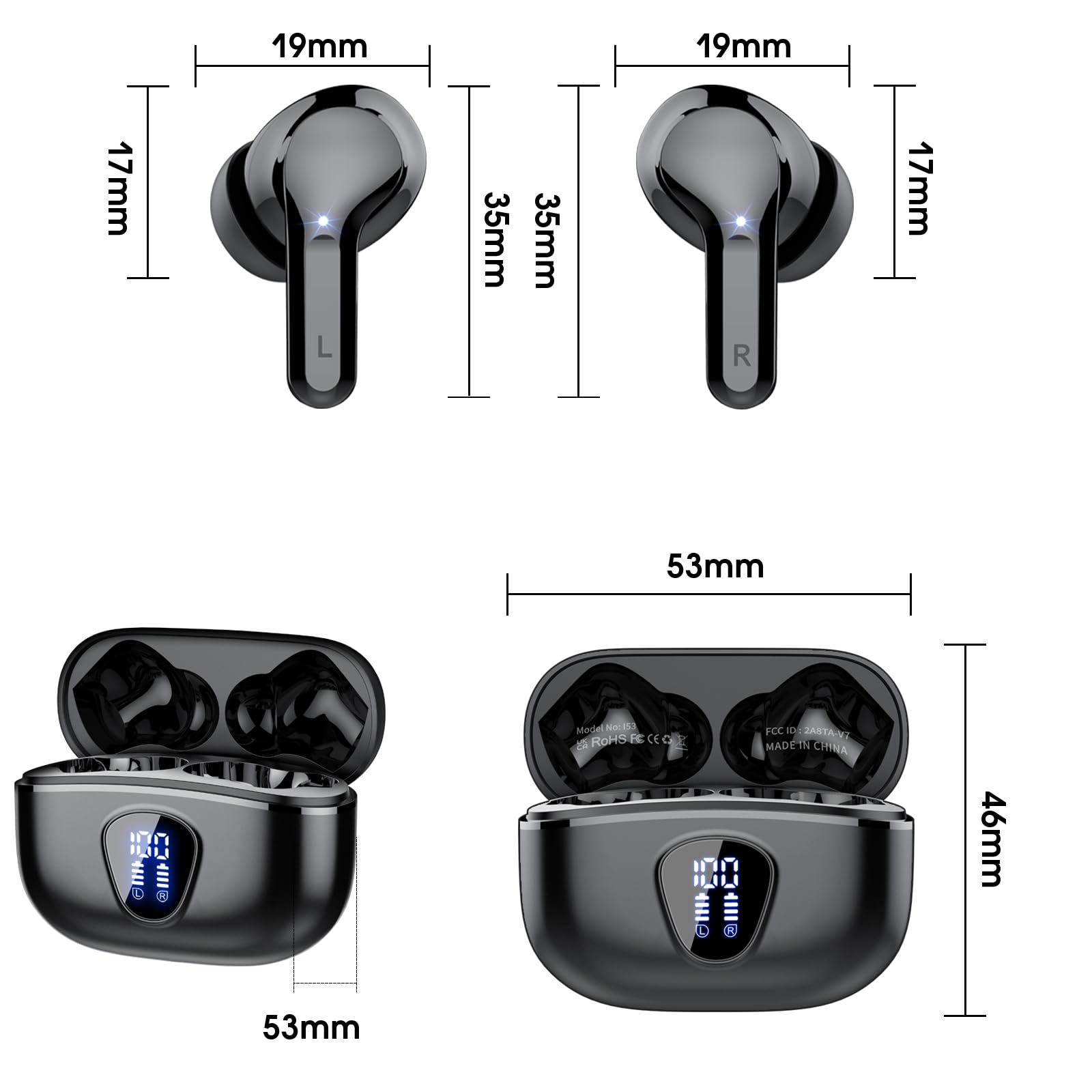 Wireless Bluetooth Headphones 5.3 with Immersive Bass, 4 ENC Mic Noise Cancelling Earbuds, 40H Playtime LED Display, IP7 Waterproof Touch Control - Perfect for Gym, Running, Travel & Work (Black, 2024 Model)