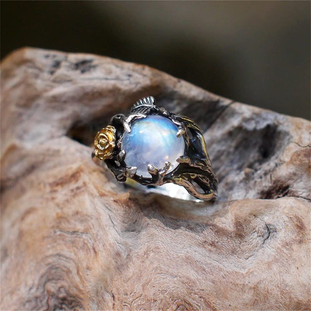 Vintage Rainbow Moonstone Ring - Sterling Silver & Solid Gold Two-Tone Moonstone Engagement Ring with Rose Flower & Twig Design - Thai Silver Jewelry ST.236 6 - Perfect for Weddings, Anniversaries, and Boho Fashion