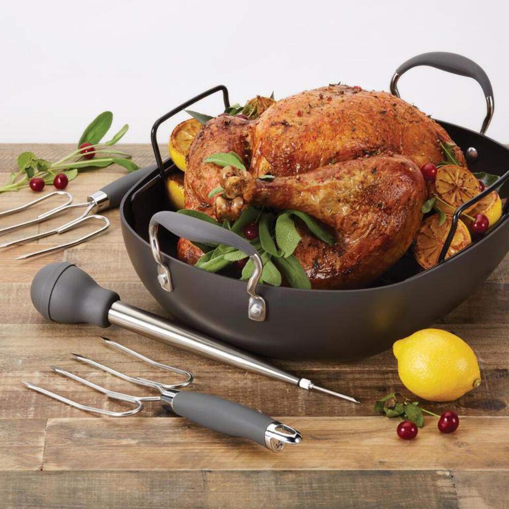 Anolon Advanced Hard Anodized Nonstick 16x13 Inch Roaster Pan Set with Utensils - Gray | Oven Safe Roasting Pan for Turkey, Chicken & Vegetables | Perfect for Holiday Dinners & Family Meals