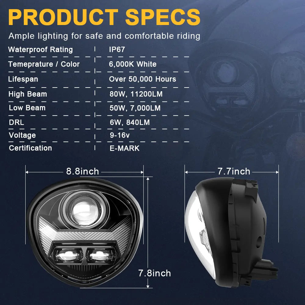 Yamaha V STAR 1300 XVS 1300CT LED Headlight Assembly - E Mark Approved - High Brightness Replacement Headlamp for Night Riding & Improved Visibility