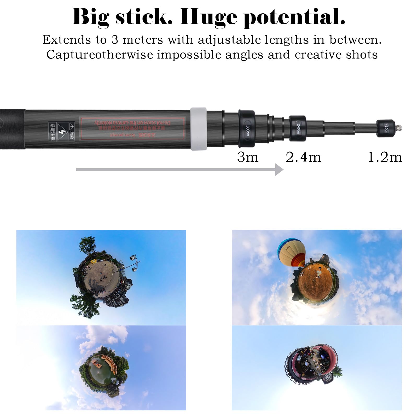 36cm to 3m (9.8ft) Extendable Carbon Fiber Selfie Stick for Insta360 ONE X3/X2/R/RS/X/GO 2 - Lightweight & Durable Camera Accessories for Vlogging, Travel & Outdoor Adventures (Grey)
