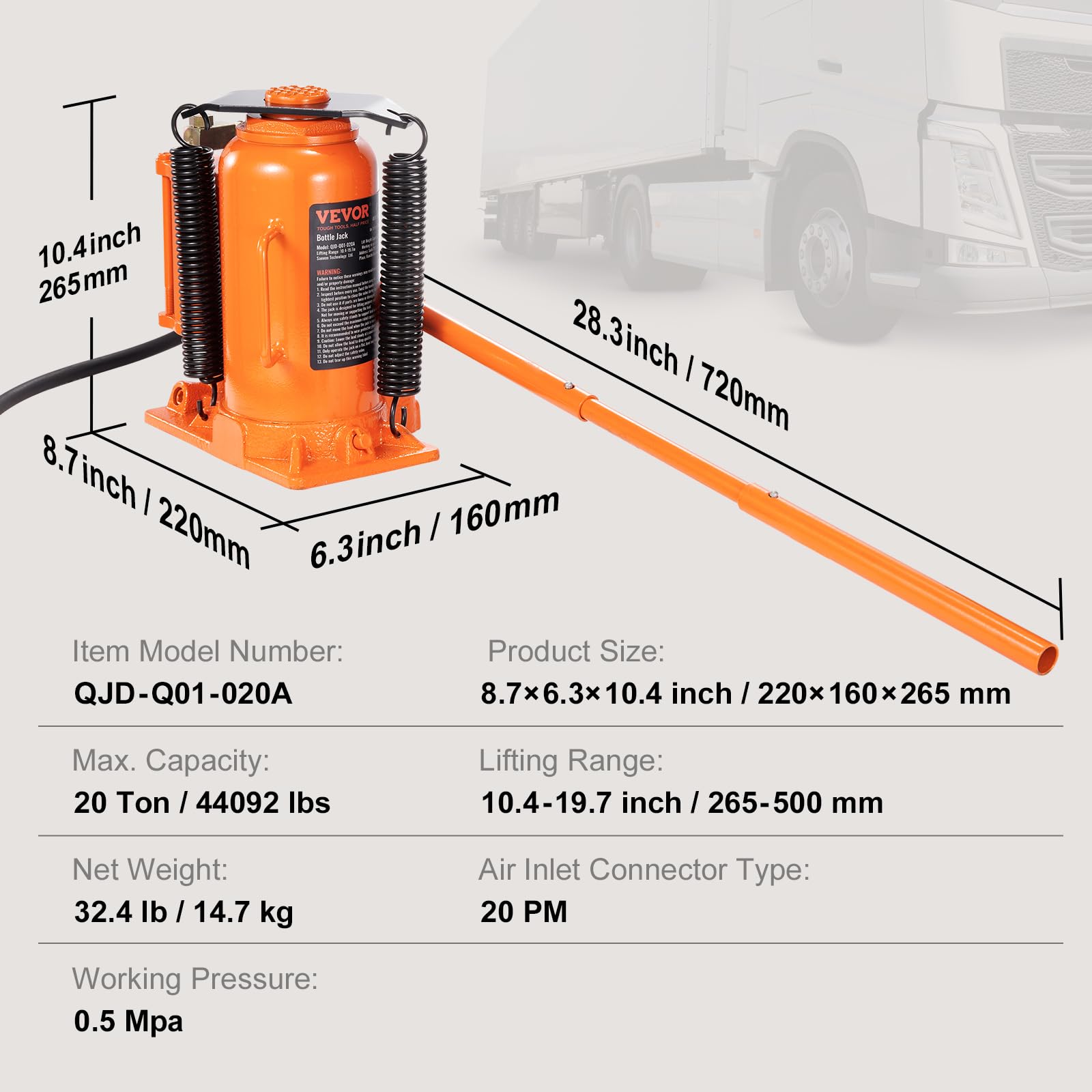 VEVOR 20 Ton Air Hydraulic Bottle Jack - 44,029 LBS Capacity, 10.4-19.7 Inch Lift Range, Heavy Duty Welded Construction with Manual Handle & Air Pump - Perfect for Car, Truck, RV Repair & Industrial Engineering (Workshop, Garage, Construction Site)