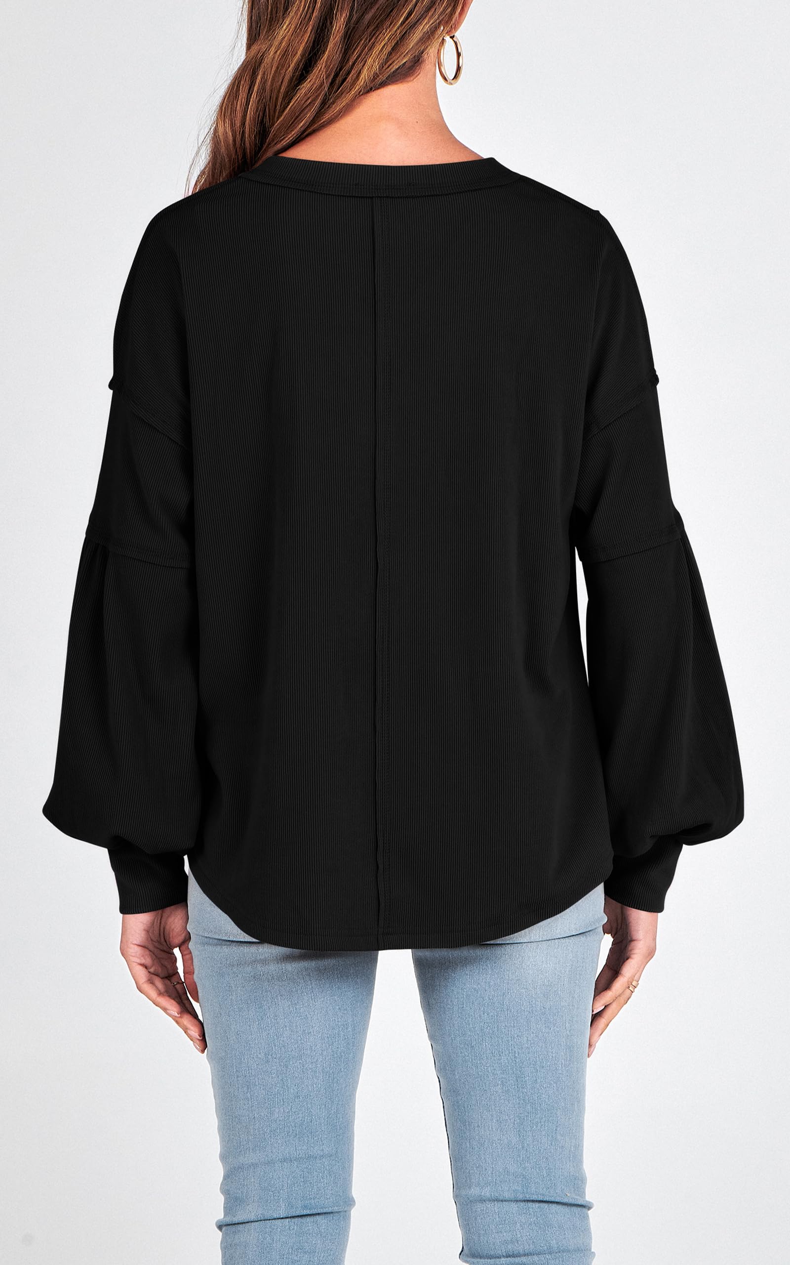 BTFBM Women's Ribbed Long Sleeve V-Neck Pullover Knit Top - Trendy Loose Fit Tunic Blouse for Spring & Summer 2025 - Perfect for Casual Outfits, Layering and Office Wear