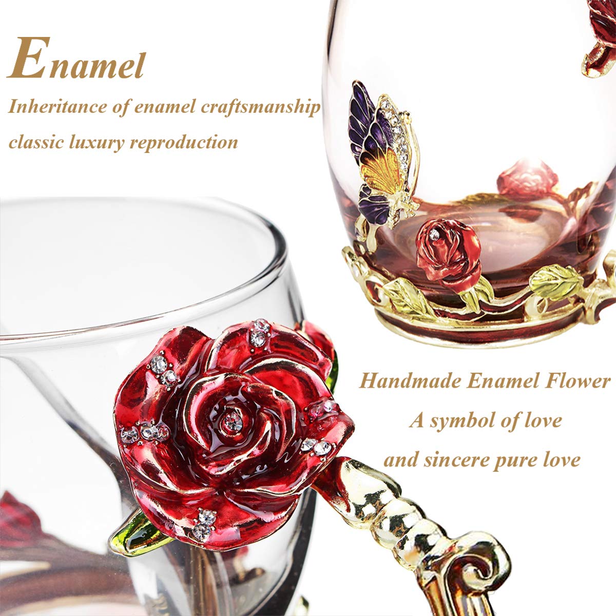 Kaiyuan Dynasty 12oz Glass Coffee Mug with Enamel Rose & Butterfly Design - Includes Spoon - Perfect for Tea, Coffee, or Hot Chocolate - Ideal for Birthday, Wedding Gifts & Home Decor