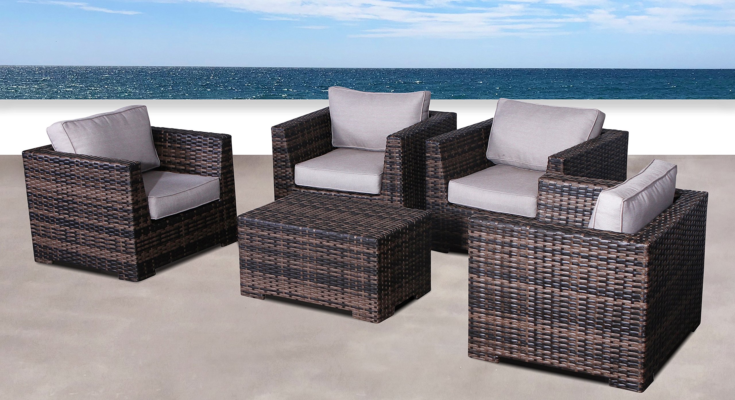 Fully Assembled Patio Couch Set - Cabana Collection Outdoor Wicker Furniture 5-Piece Sectional Sofa with Coffee Table (Brown) | No Assembly Required | Perfect for Backyard, Poolside & Patio Relaxation