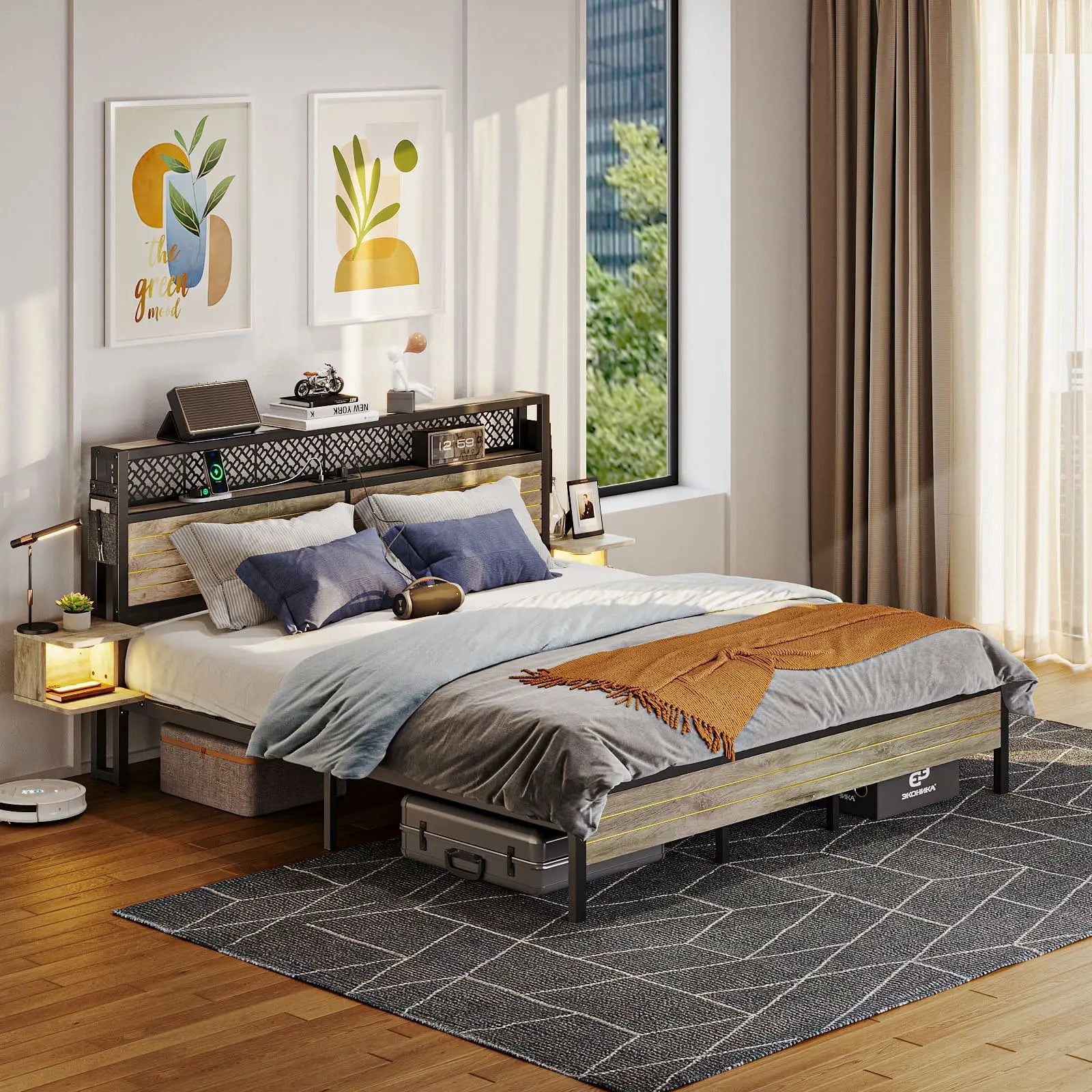 Bestier King Size Bed Frame with Horizontal Golden Stripe Storage Headboard - Modern Platform Bed with Underbed Storage Space - Perfect for Master Bedroom, Guest Room & Small Space Living