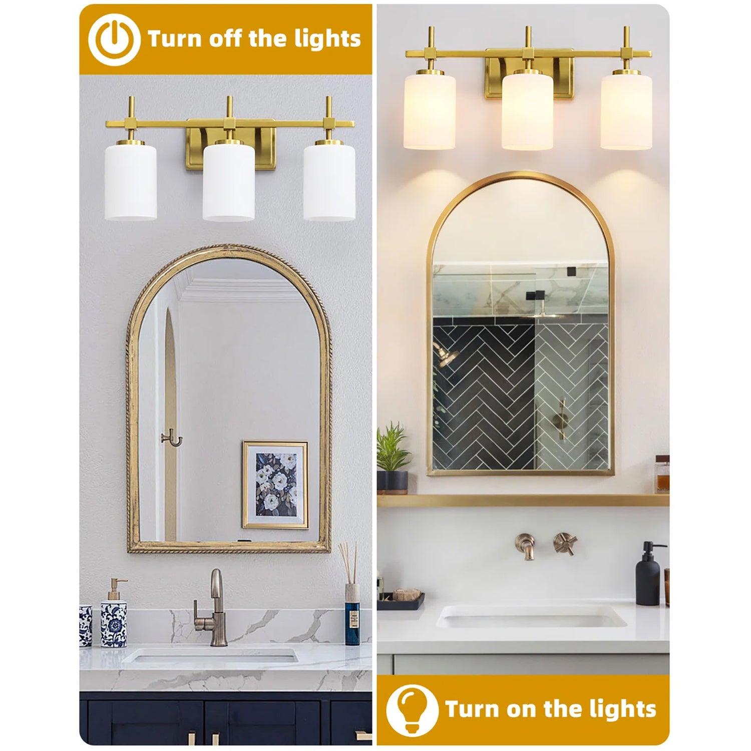 Jasper Gold Modern Frosted Glass 3-Light Bathroom Vanity Light Fixture - Perfect for Bathroom, Powder Room, and Dressing Area Lighting