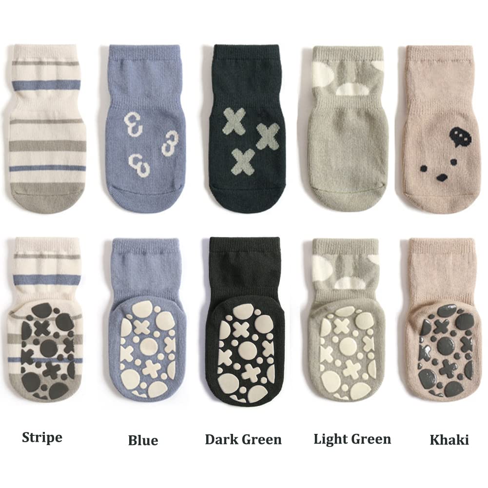 Exegawe Non-Slip Baby Socks with Grips - 5 Pairs Cute Toddler Crew Socks for Boys & Girls - Perfect for Indoor Play, Learning to Walk, and Daycare Safety