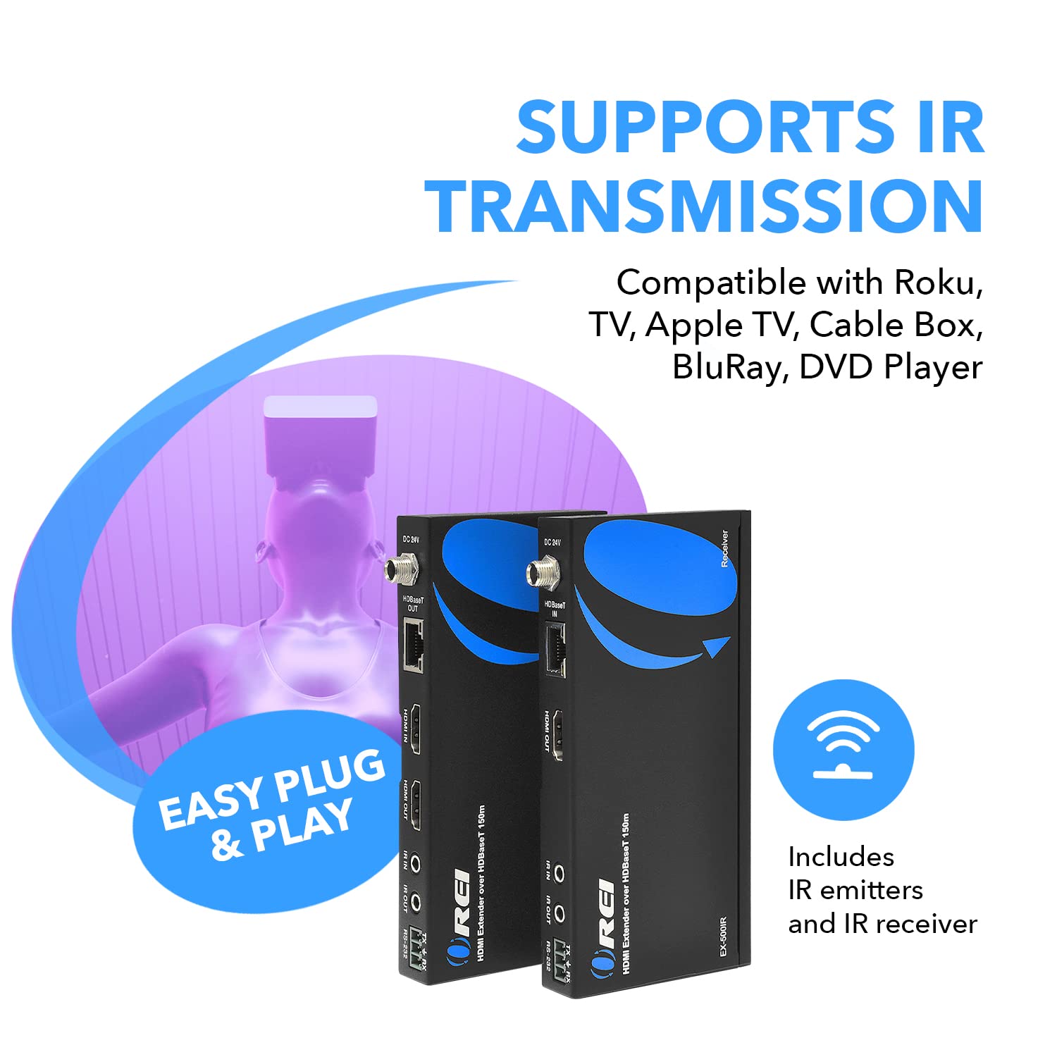 OREI EX-500IR 1080p HDBaseT HDMI Extender Over Cat5e/6 Ethernet Cable - 500ft Range, HDCP 1.4, Bi-Directional IR, HDMI Loop-out, RS-232, PoC - Perfect for Home Theater, Conference Rooms & Digital Signage
