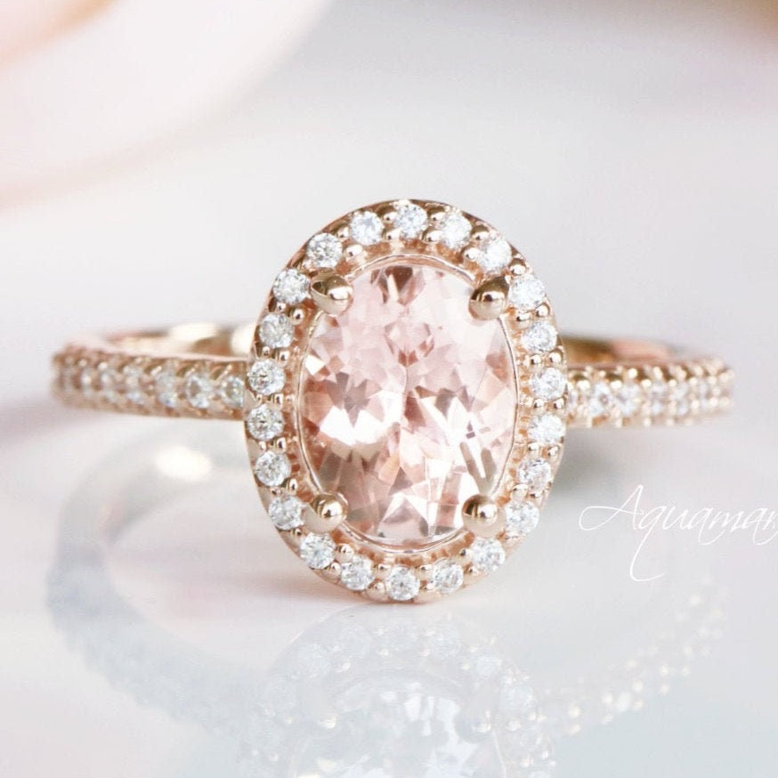 Exquisite 14K Solid Rose Gold Iris Oval Halo Morganite Engagement Ring for Women | Elegant Wedding, Proposal & Anniversary Jewelry Gift