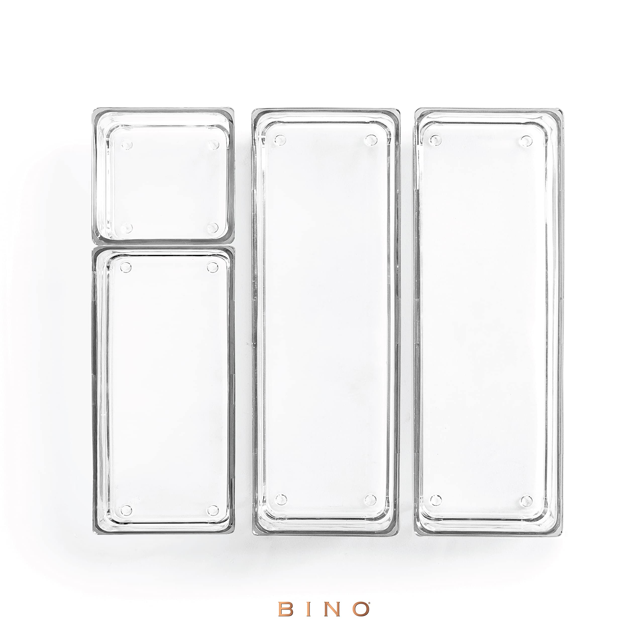 BINO 4-Piece Modular Drawer Organizer Set | Small Bathroom & Vanity Storage Trays for Makeup, Jewelry, and Office Supplies | Perfect for Bedroom, Bathroom, and Kitchen Drawer Organization
