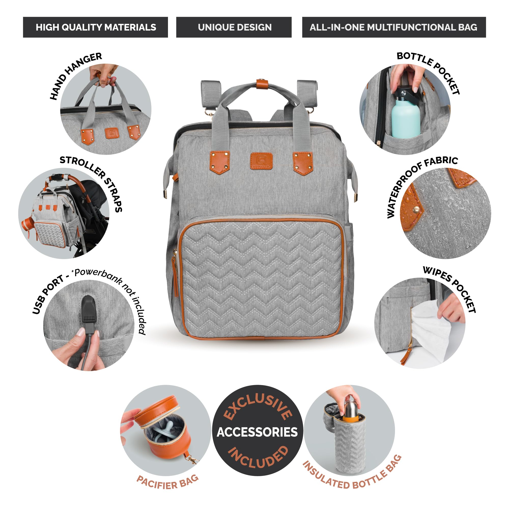 QUINO&CO Baby Diaper Backpack with Changing Station - Large Capacity Waterproof Diaper Bag for Boys & Girls | USB Charging Port & Stroller Straps | Perfect Baby Shower Gift & Travel Essential for Moms & Dads | Ideal for Daycare, Outings, and Family Trips