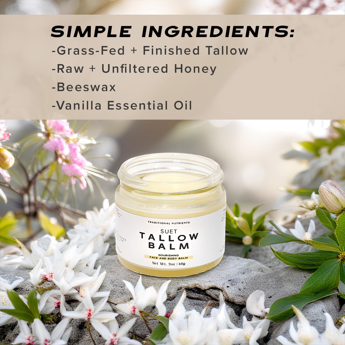 Grass-Fed Suet Beef Tallow & Raw Honey Skin Balm with Vanilla Essential Oil - Natural Face & Body Moisturizer (4 oz) - Perfect for Dry Skin, Eczema & DIY Skincare