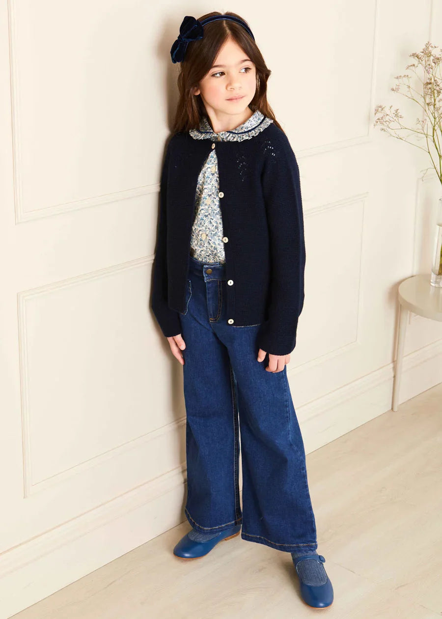 Soft Denim Wide Leg Pants for Girls (3-10 Years) - Stretchy Comfortable Blue Jeans for School, Play & Everyday Wear